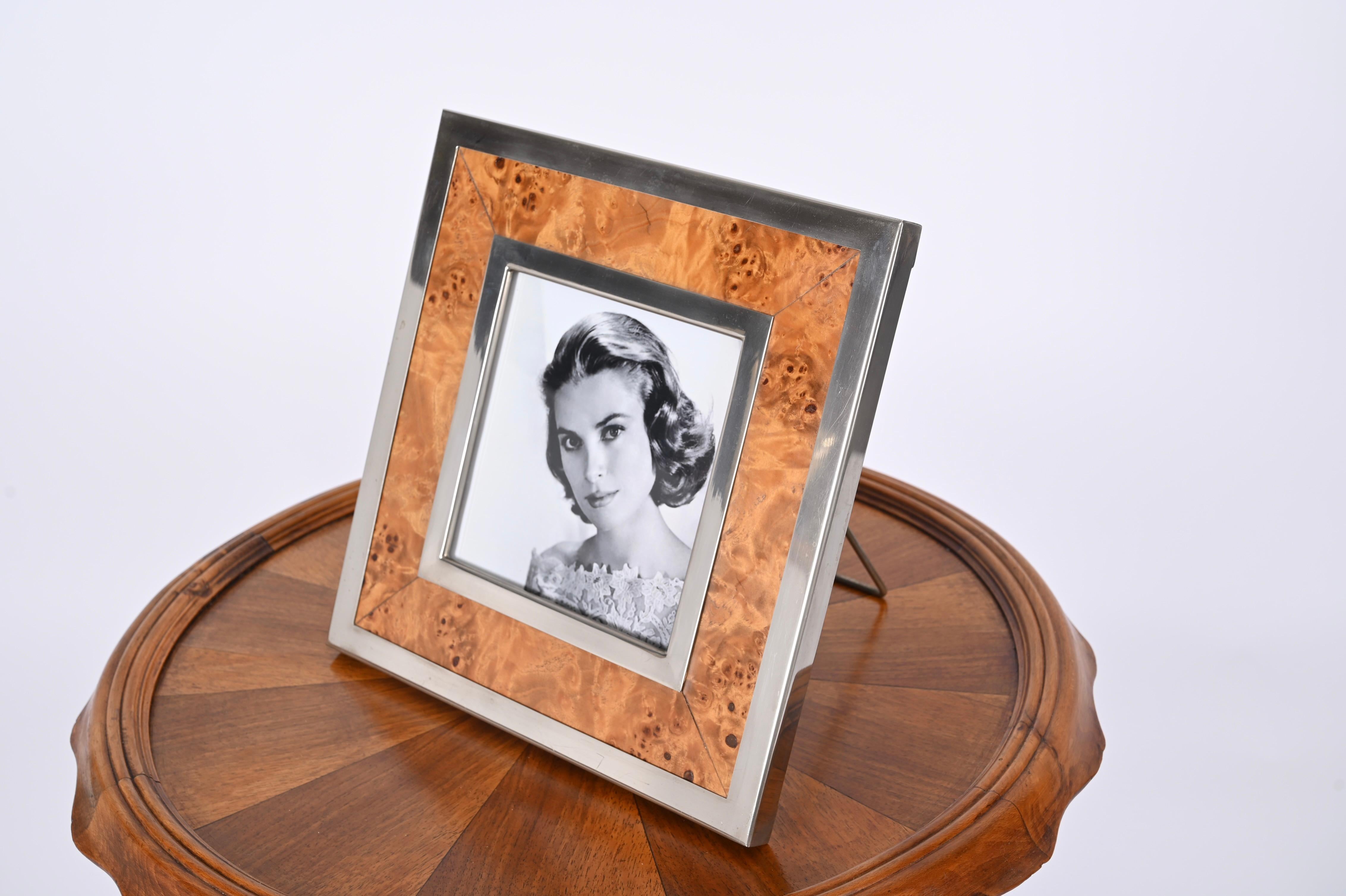 Italian Midcentury Tommaso Barbi Burl and Chrome Square Picture Frame, Italy 1970s For Sale