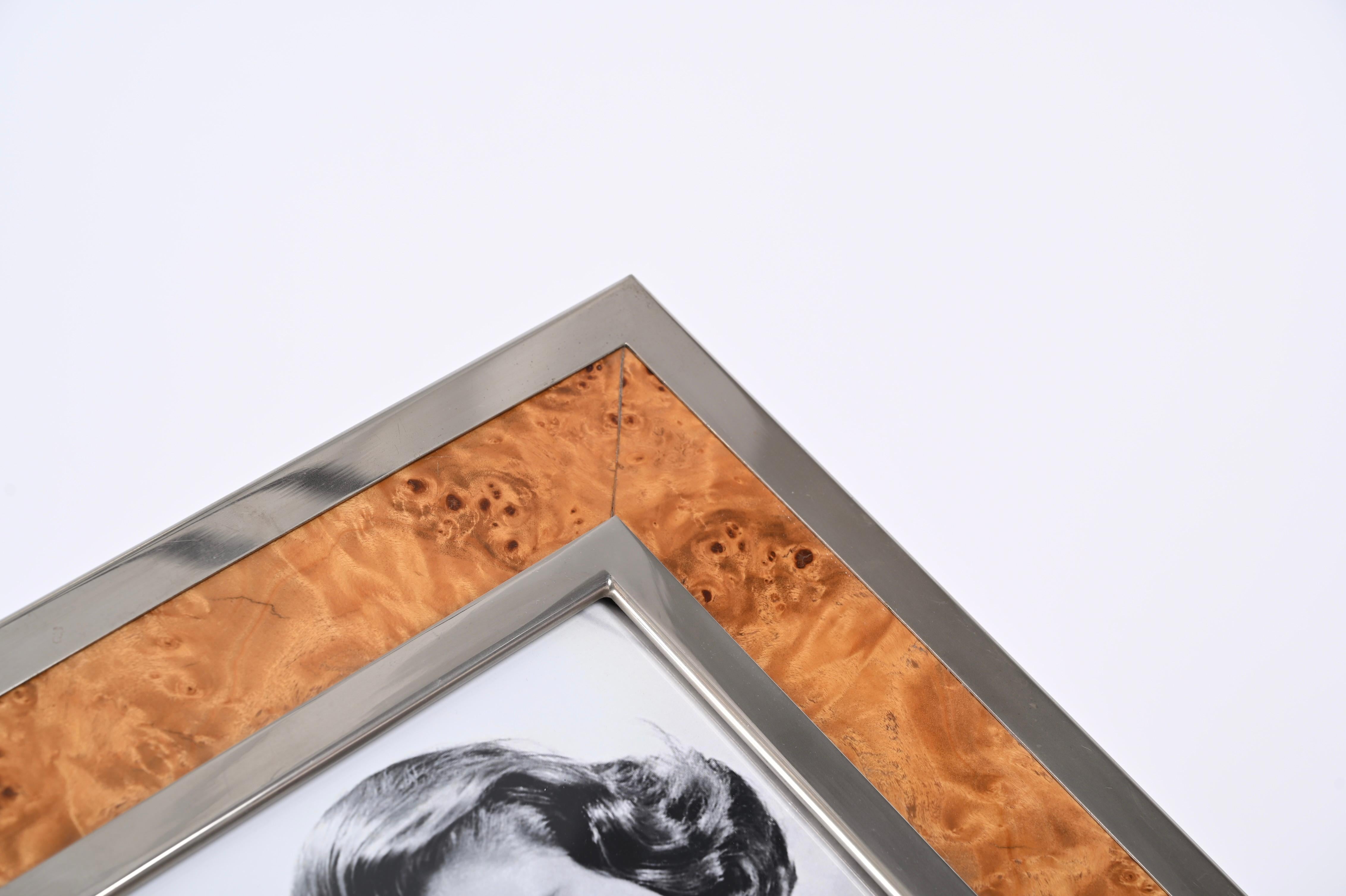 Midcentury Tommaso Barbi Burl and Chrome Square Picture Frame, Italy 1970s In Good Condition For Sale In Roma, IT