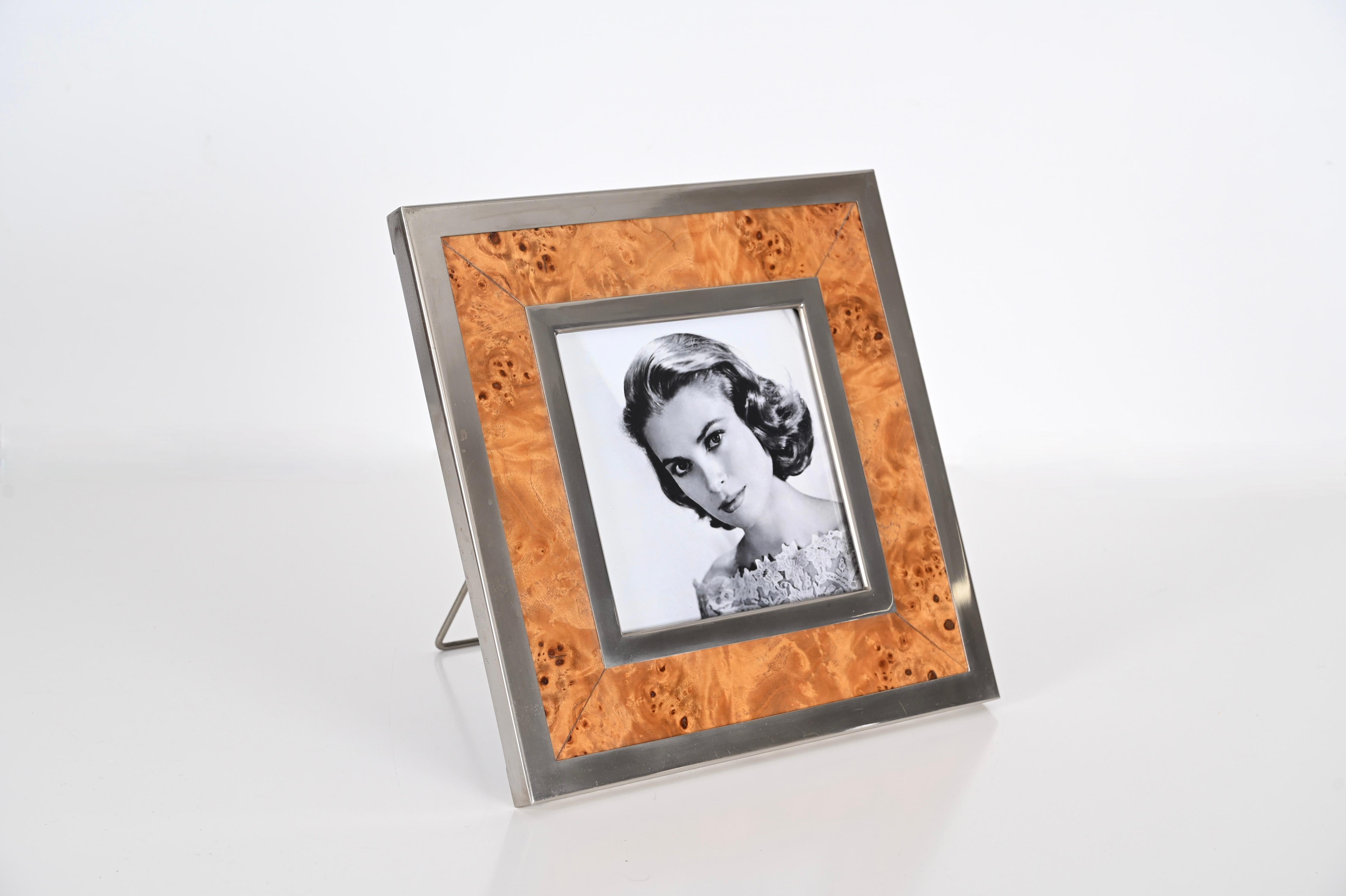 20th Century Midcentury Tommaso Barbi Burl and Chrome Square Picture Frame, Italy 1970s For Sale