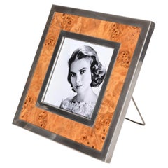 Midcentury Tommaso Barbi Burl and Chrome Square Picture Frame, Italy 1970s