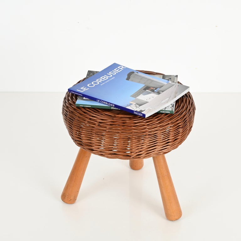 Mid-Century Tony Paul Stool or Side Table in Wicker, Wood, United