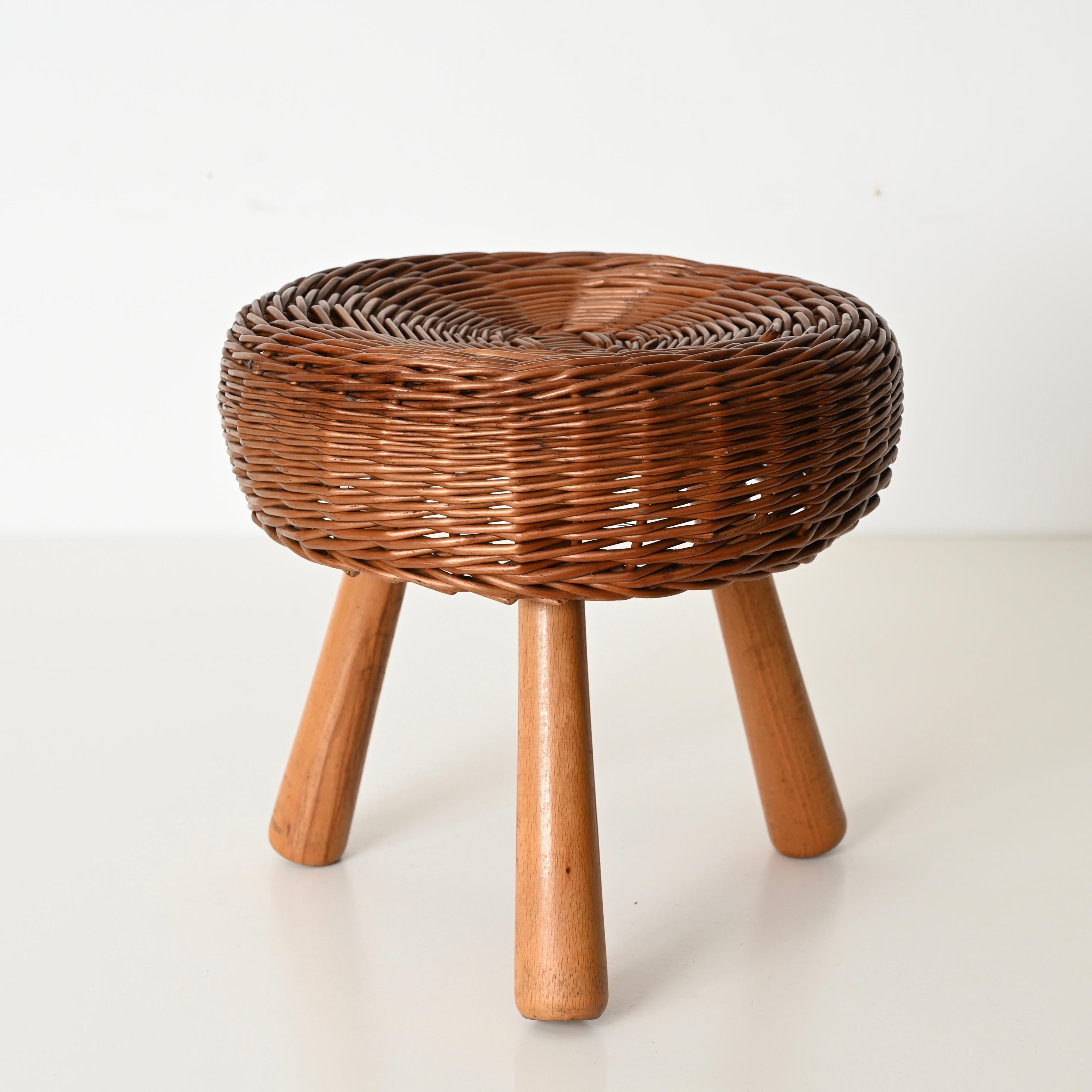 Mid-Century moderno Sgabello o tavolino Tony Paul di metà secolo in vimini, Wood, Stati Uniti, anni '50 in vendita
