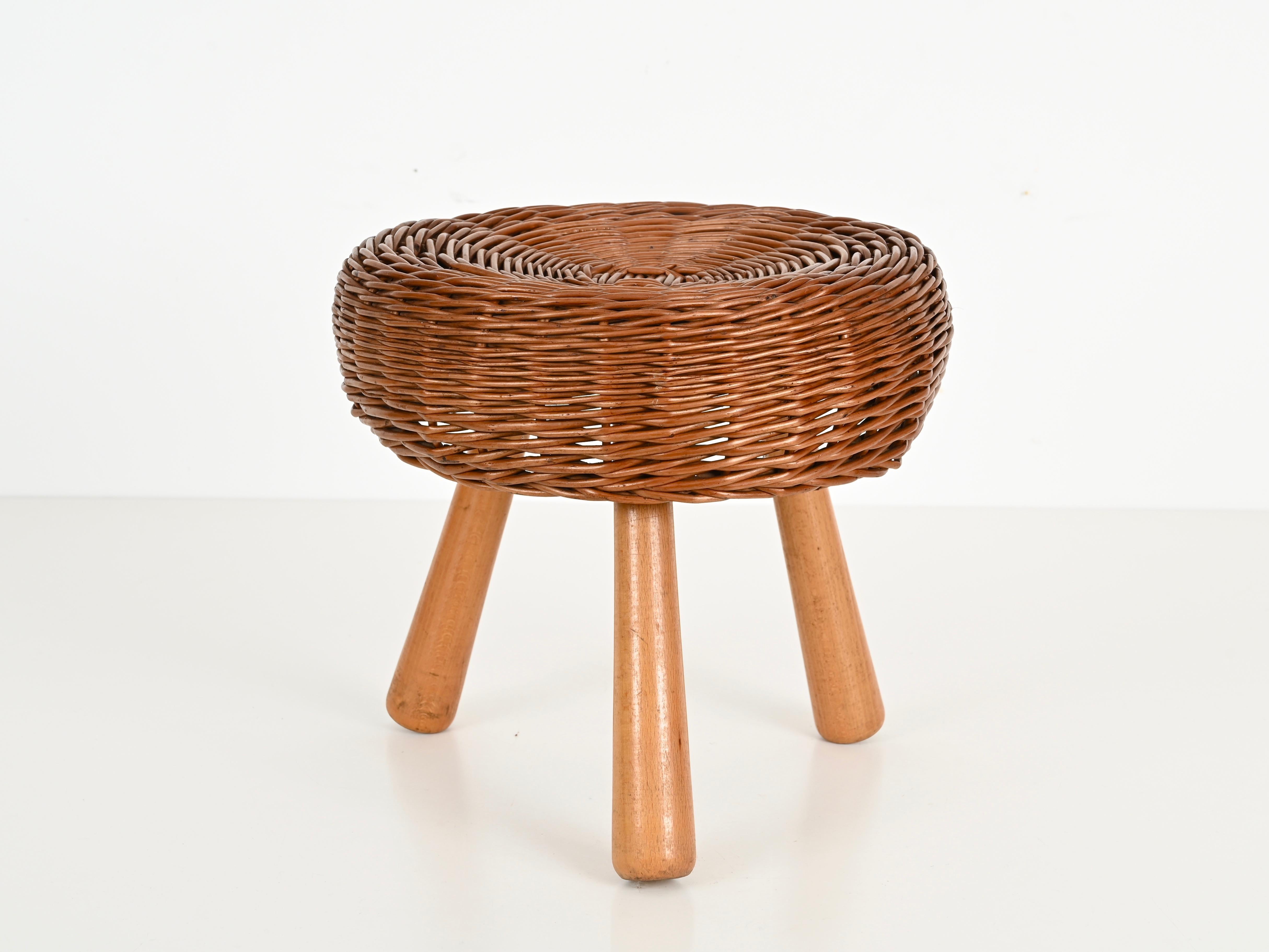 Sgabello o tavolino Tony Paul di metà secolo in vimini, Wood, Stati Uniti, anni '50 In condizioni buone in vendita a Roma, IT