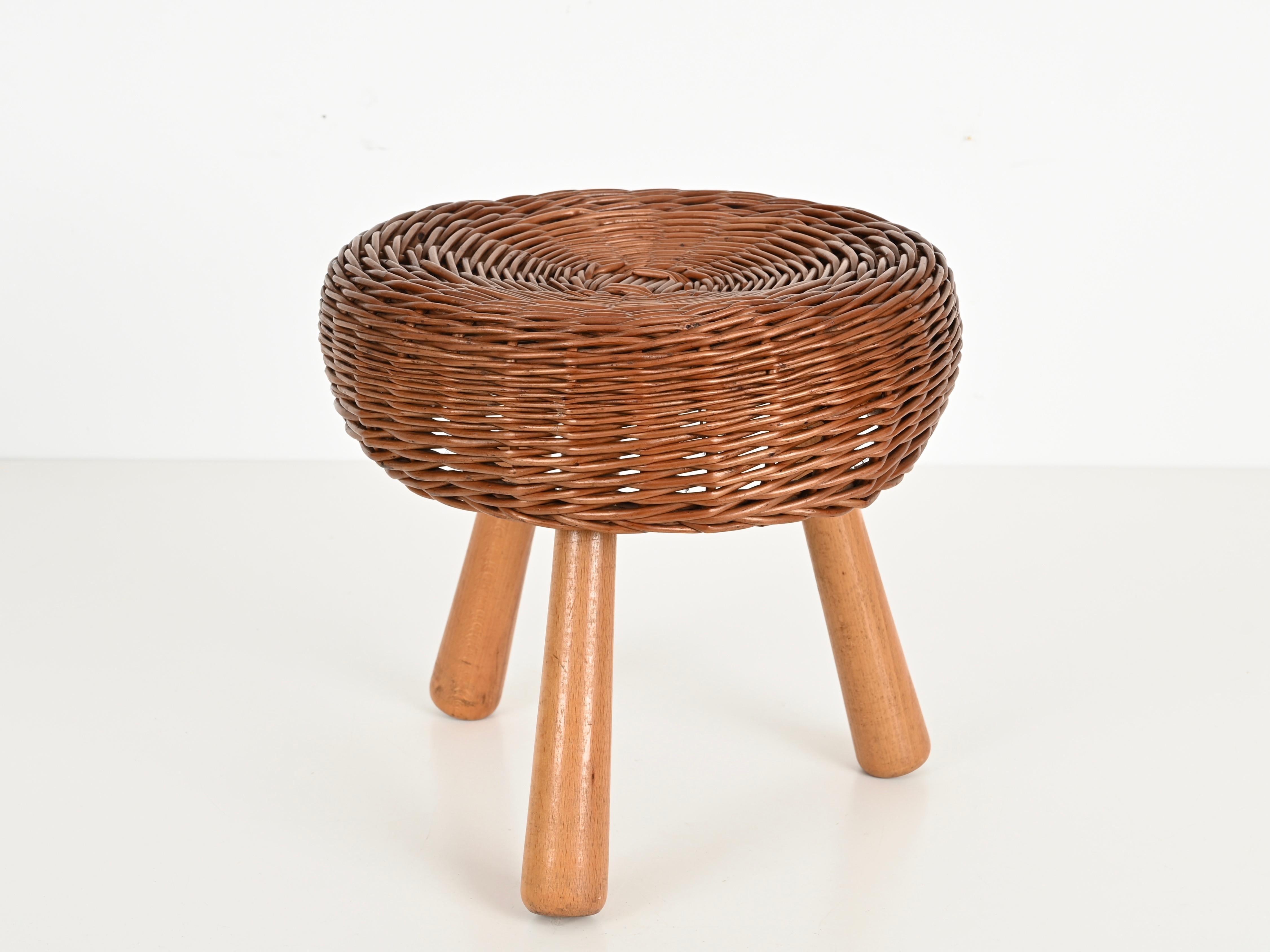 Sgabello o tavolino Tony Paul di metà secolo in vimini, Wood, Stati Uniti, anni '50 in vendita 1