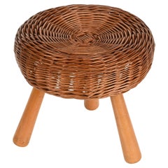Taburete o mesa auxiliar Tony Paul de mimbre y madera de mediados de siglo, Estados Unidos, Años 50