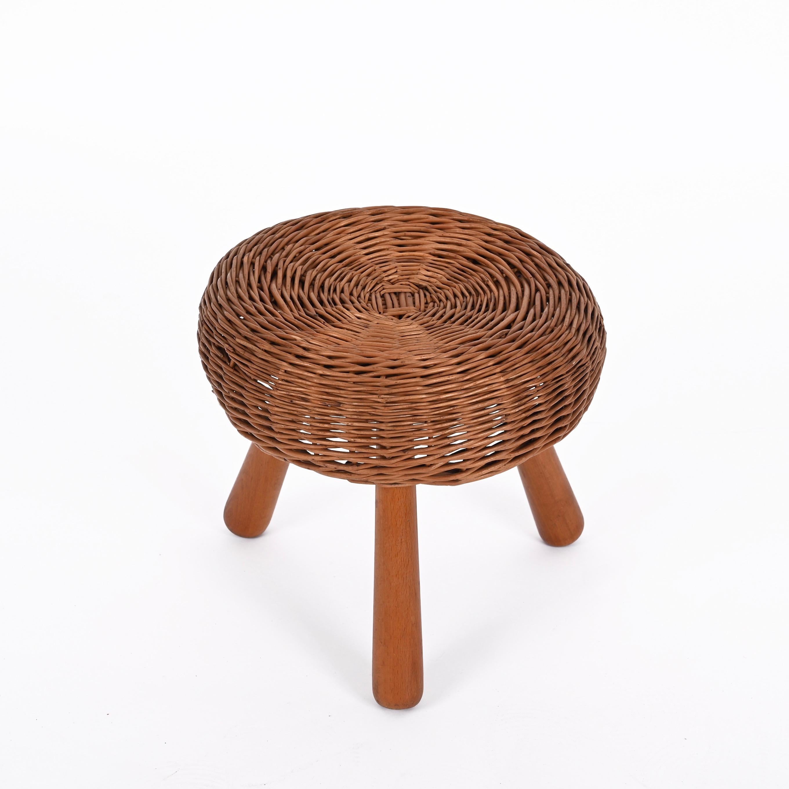 Mid-Century Tony Paul Stool, Wicker, Wood, United States, 1950s 4