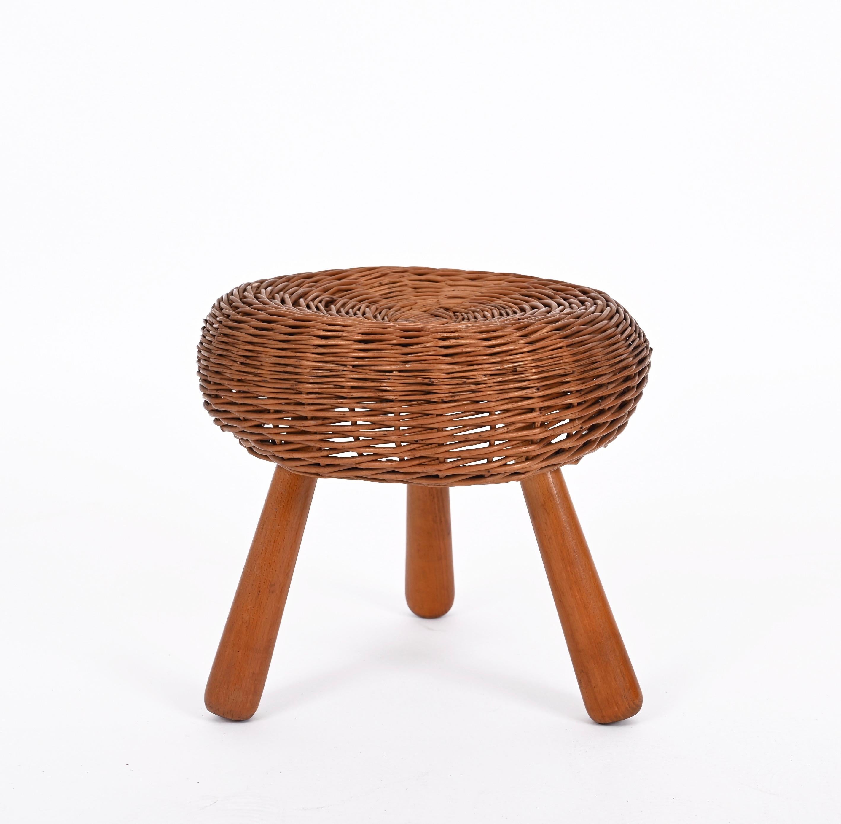 Mid-Century Tony Paul Stool, Wicker, Wood, United States, 1950s 5