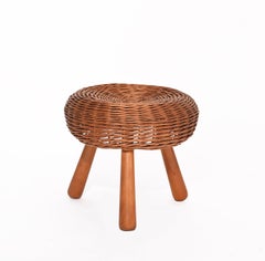 Mid-Century Tony Paul Stool, Wicker, Wood, United States, 1950s