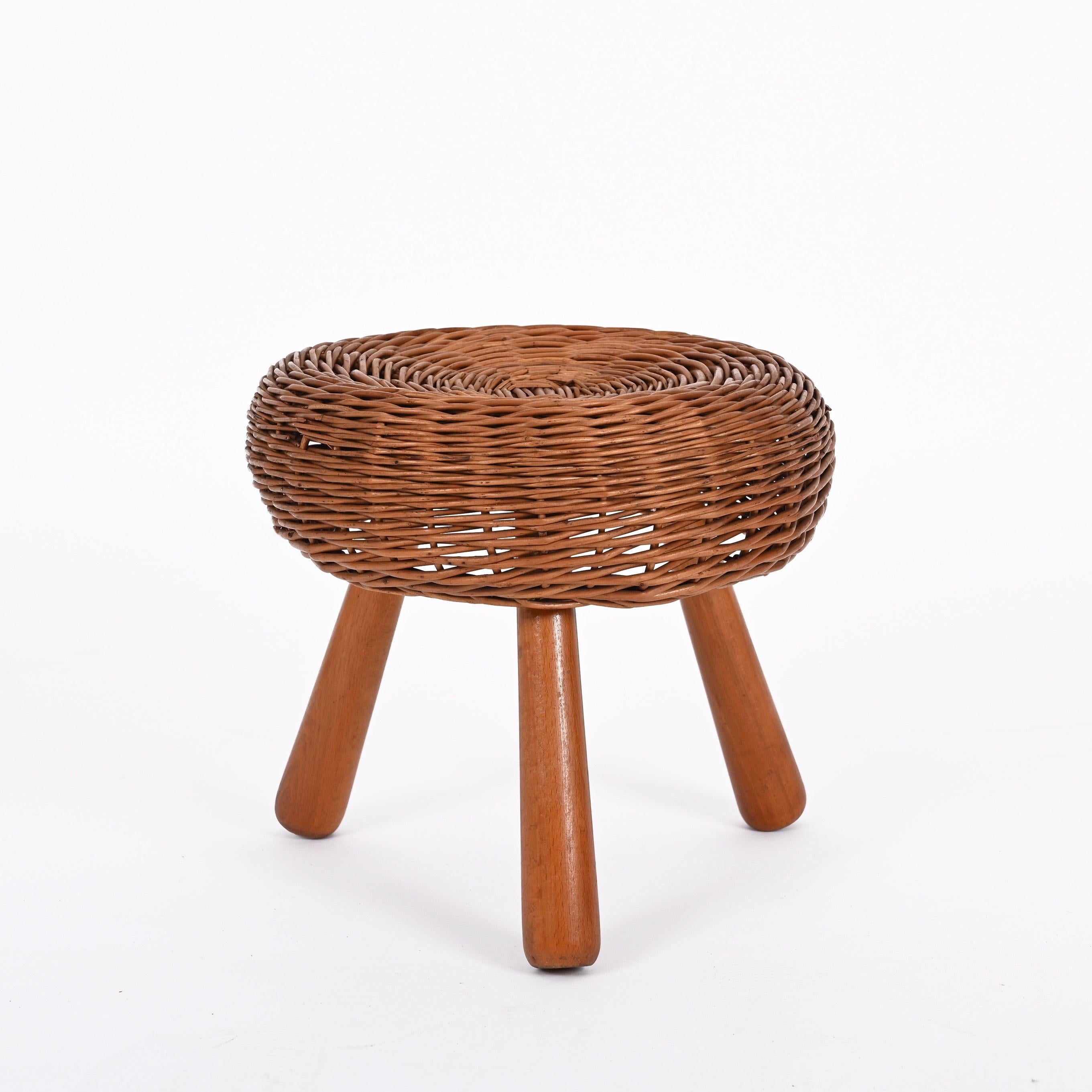 Mid-Century Tony Paul Stool, Wicker, Wood, United States, 1950s In Good Condition In Roma, IT