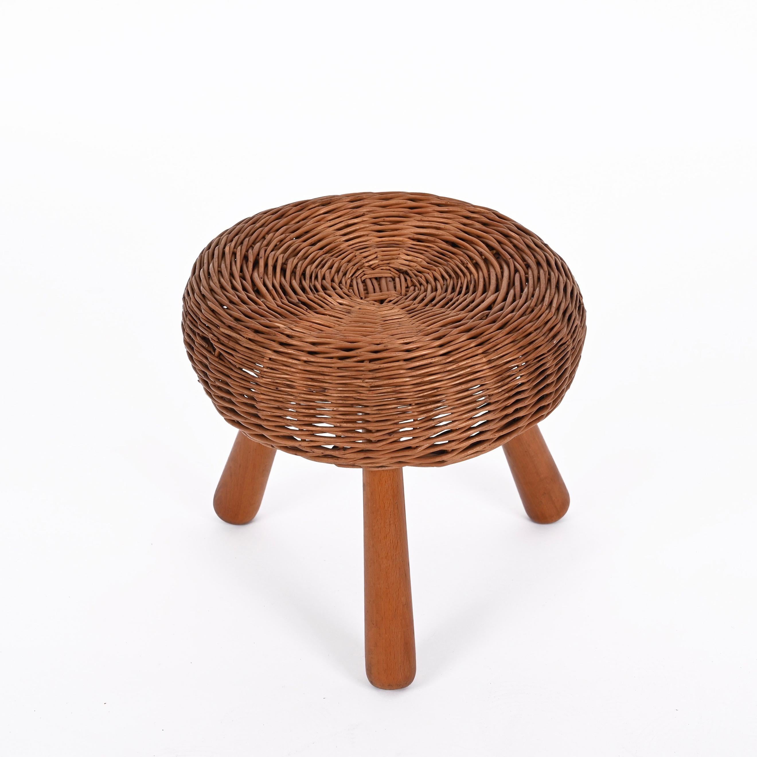 Mid-Century Tony Paul Stool, Wicker, Wood, United States, 1950s 1