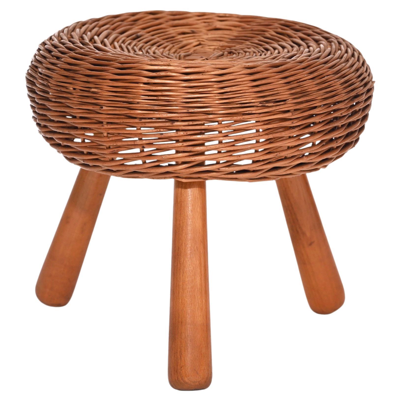 Mid-Century Tony Paul Stool, Wicker, Wood, United States, 1950s