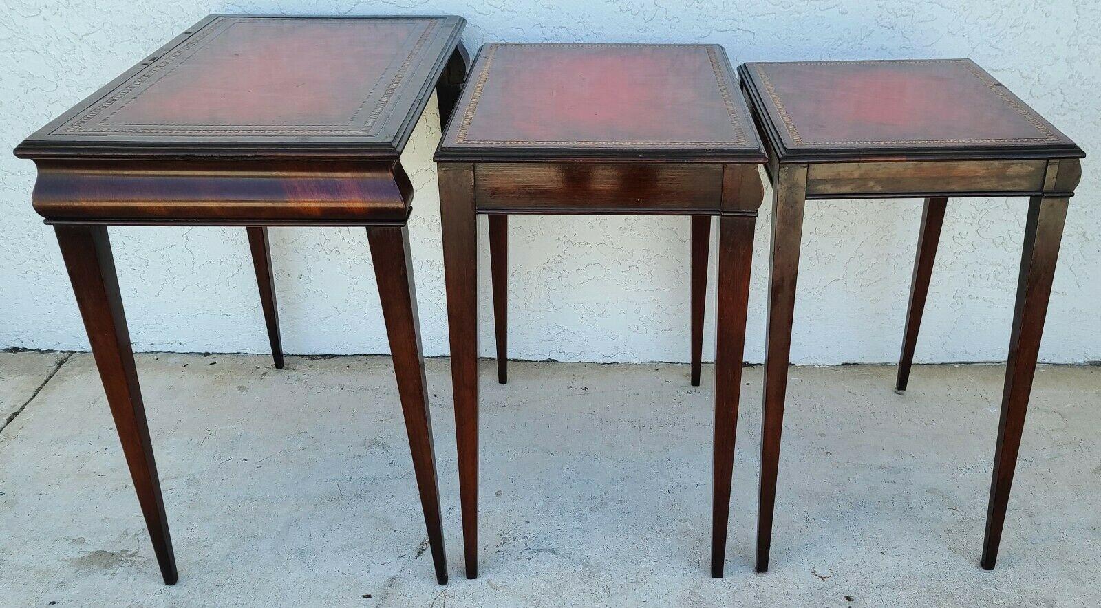 Mid Century Tooled Red Leather Mahogany Nesting Tables For Sale 5