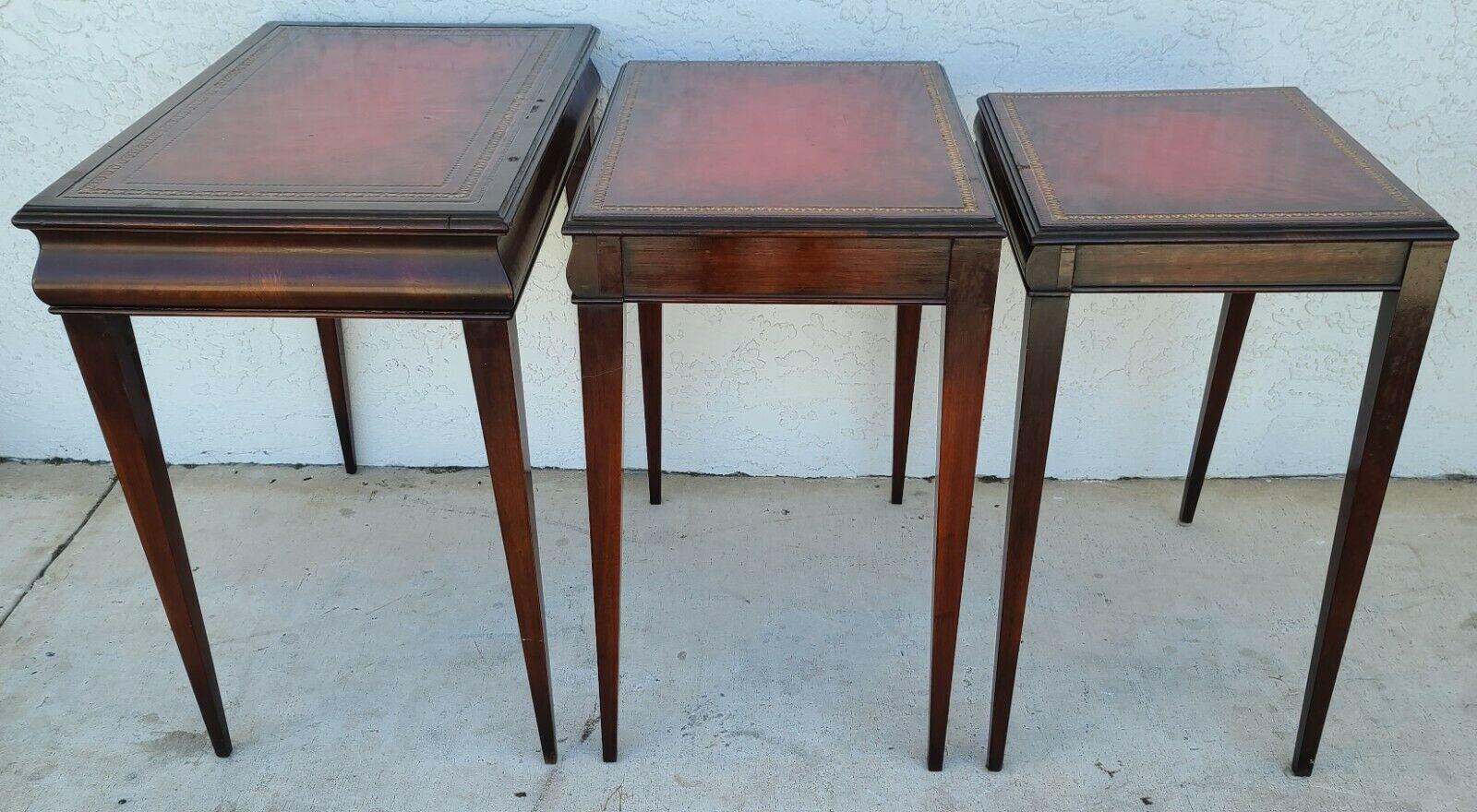 Mid Century Tooled Red Leather Mahogany Nesting Tables For Sale 6