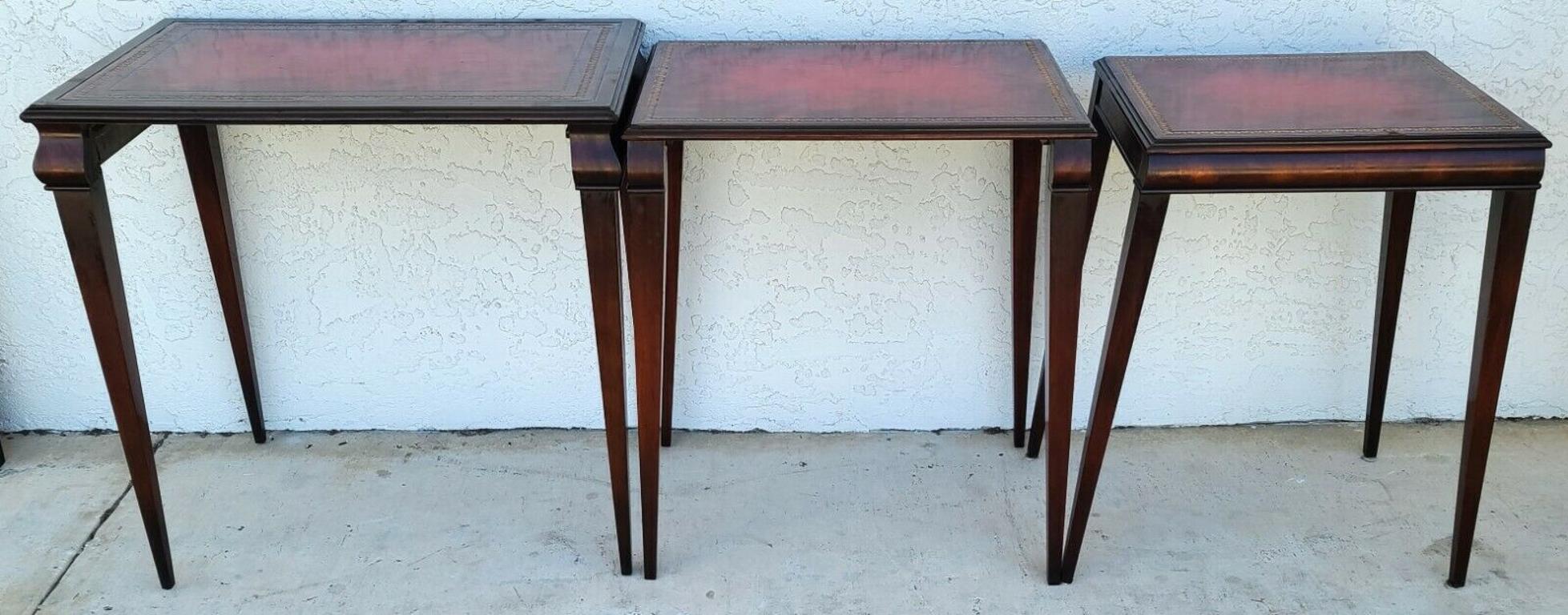 Mid Century Tooled Red Leather Mahogany Nesting Tables For Sale 7