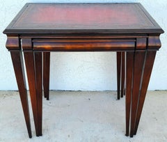 Mid Century Tooled Red Leather Mahogany Nesting Tables