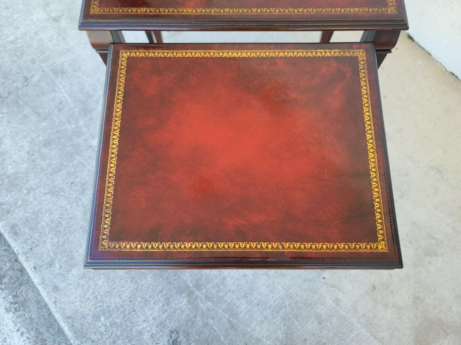 Mid Century Tooled Red Leather Mahogany Nesting Tables For Sale 1