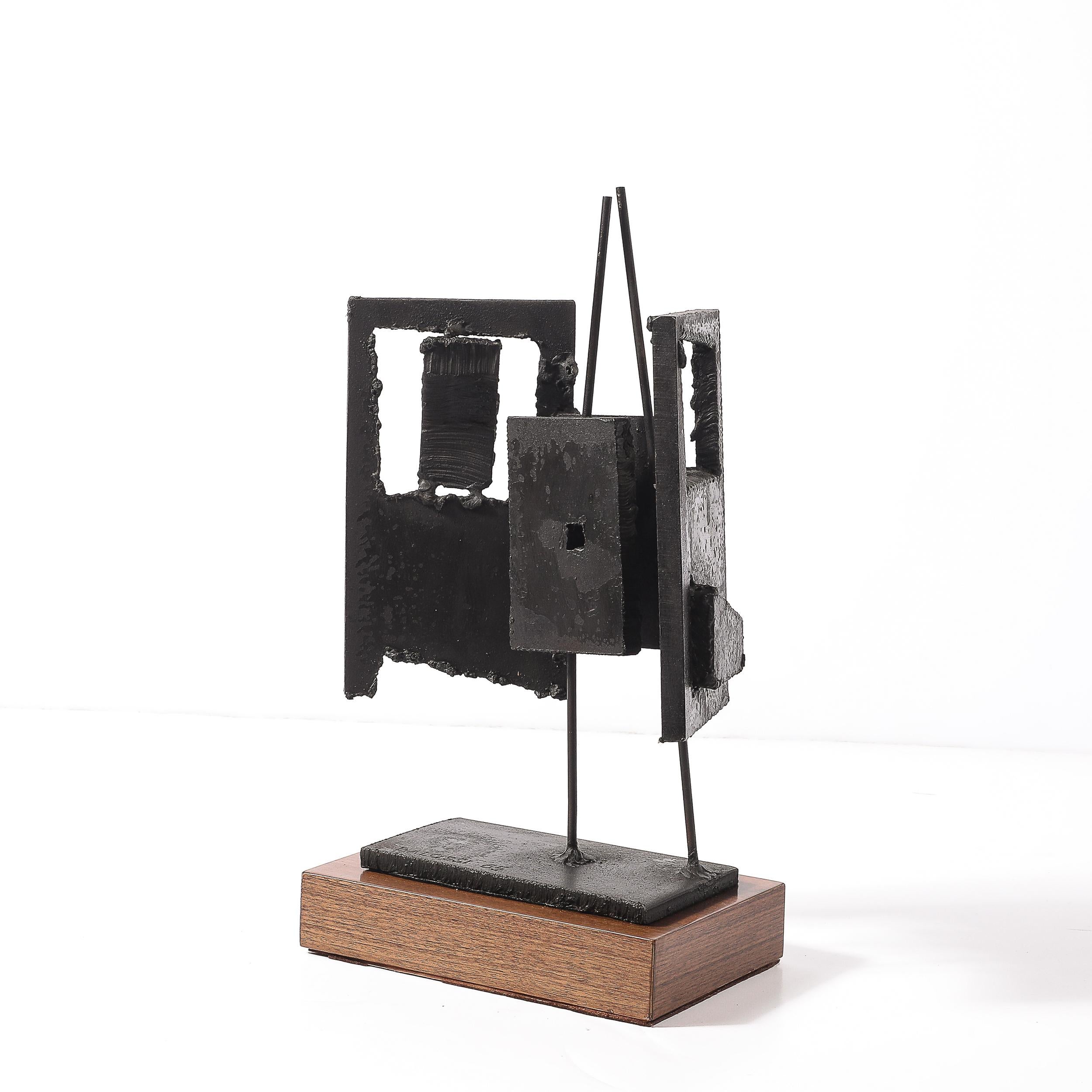 Américain Mid-Century Torch Cut Steel Brutalist Sculpture on Walnut Signed John Balossi en vente
