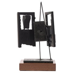 Mid-Century Torch Cut Steel Brutalist Sculpture on Walnut Signed John Balossi