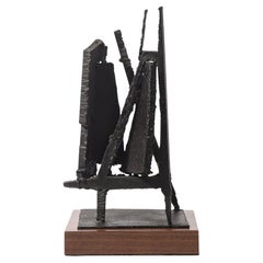 Mid-Century Torch Cut Steel Brutalist Sculpture on Walnut signée John Balossi