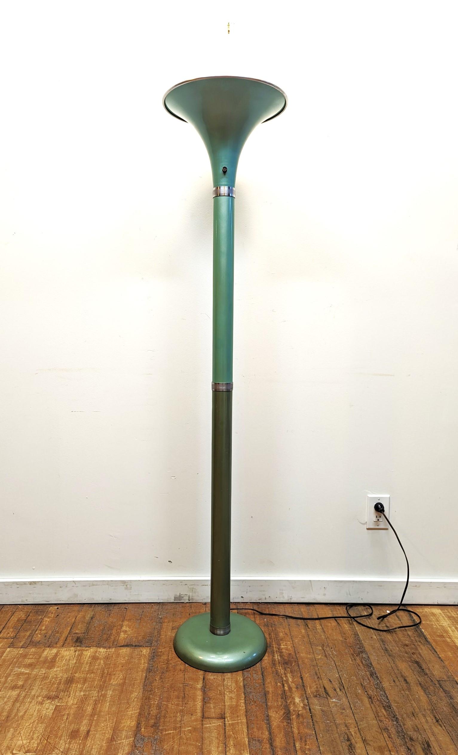 Mid Century Torch / Torchiere Floor Lamp in Aquamarine.  The color Aquamarine, Turquoise, also later became noted as Tiffany Blue.  A significant color being used by car manufactures and became iconic to the period 1950's.  This lamp is steel with