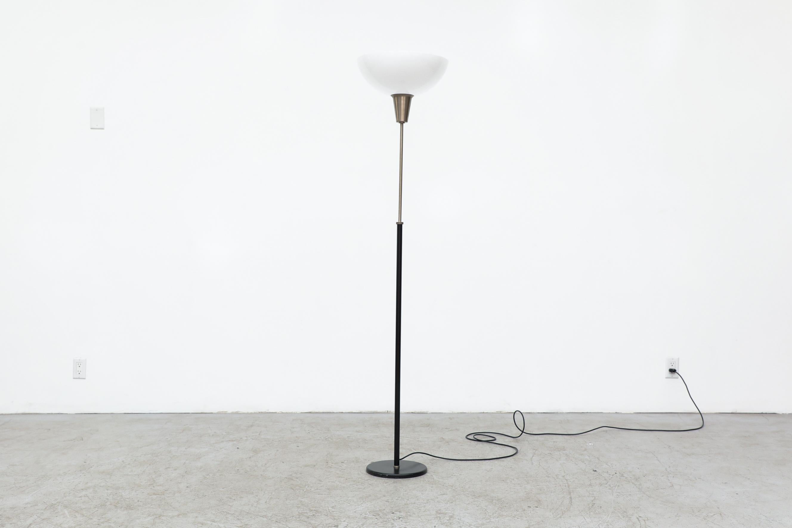 Midcentury floor lamp with white plexi shade and adjustable height stand. In original condition with visible wear, consistent with its age and use. Shade measures 14.75