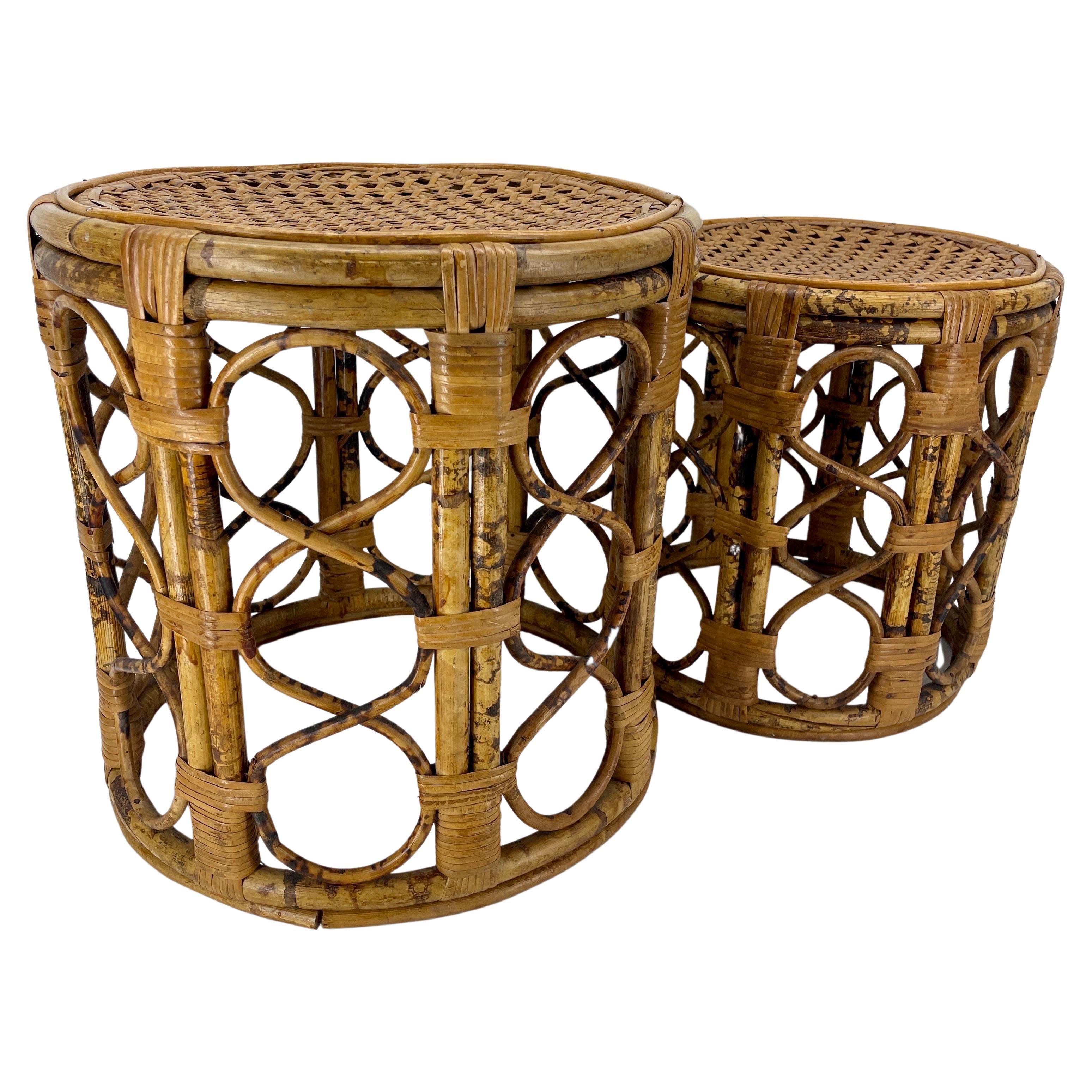 Mid-Century Modern Midcentury Tortoise Bamboo Rattan Round Nesting Tables