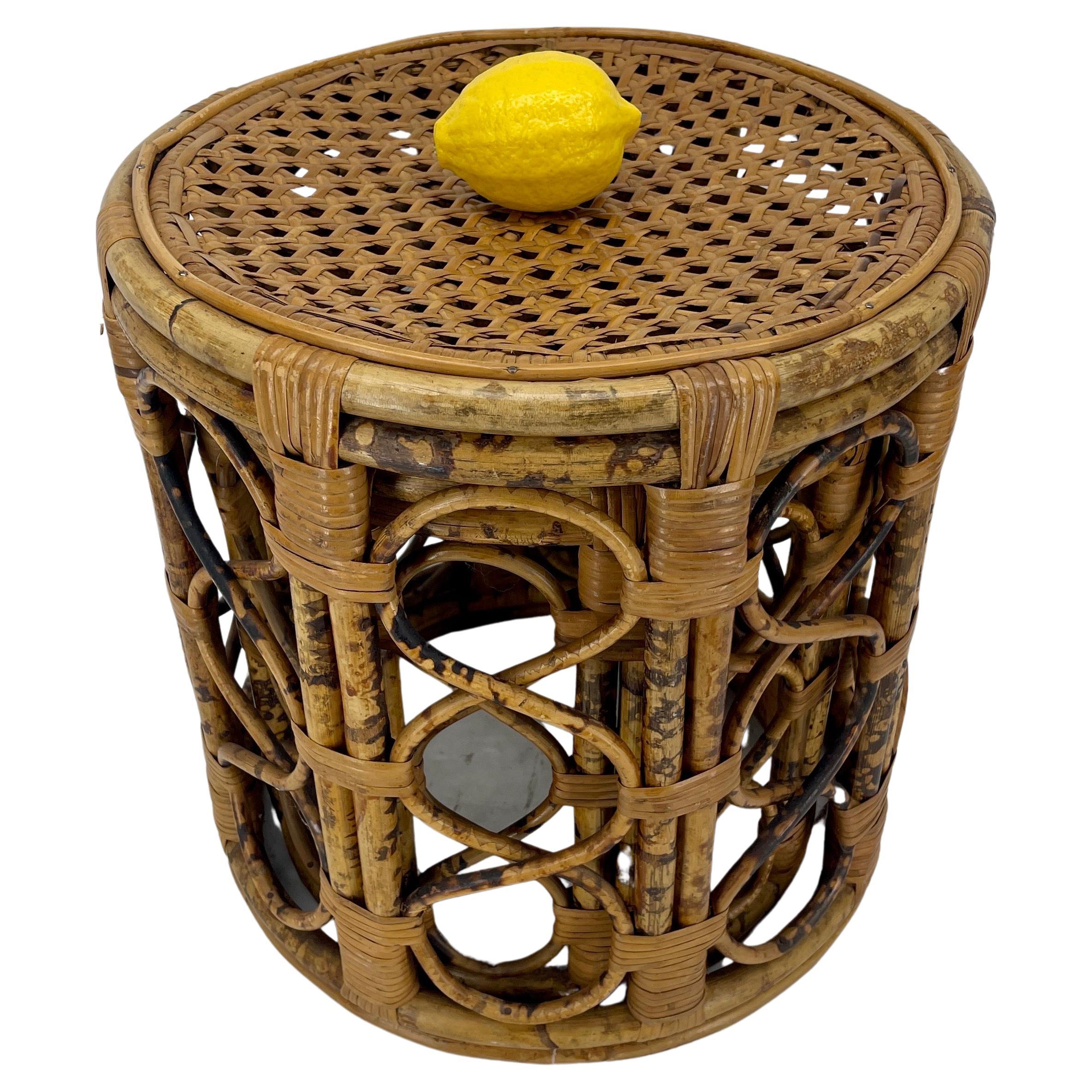American Midcentury Tortoise Bamboo Rattan Round Nesting Tables