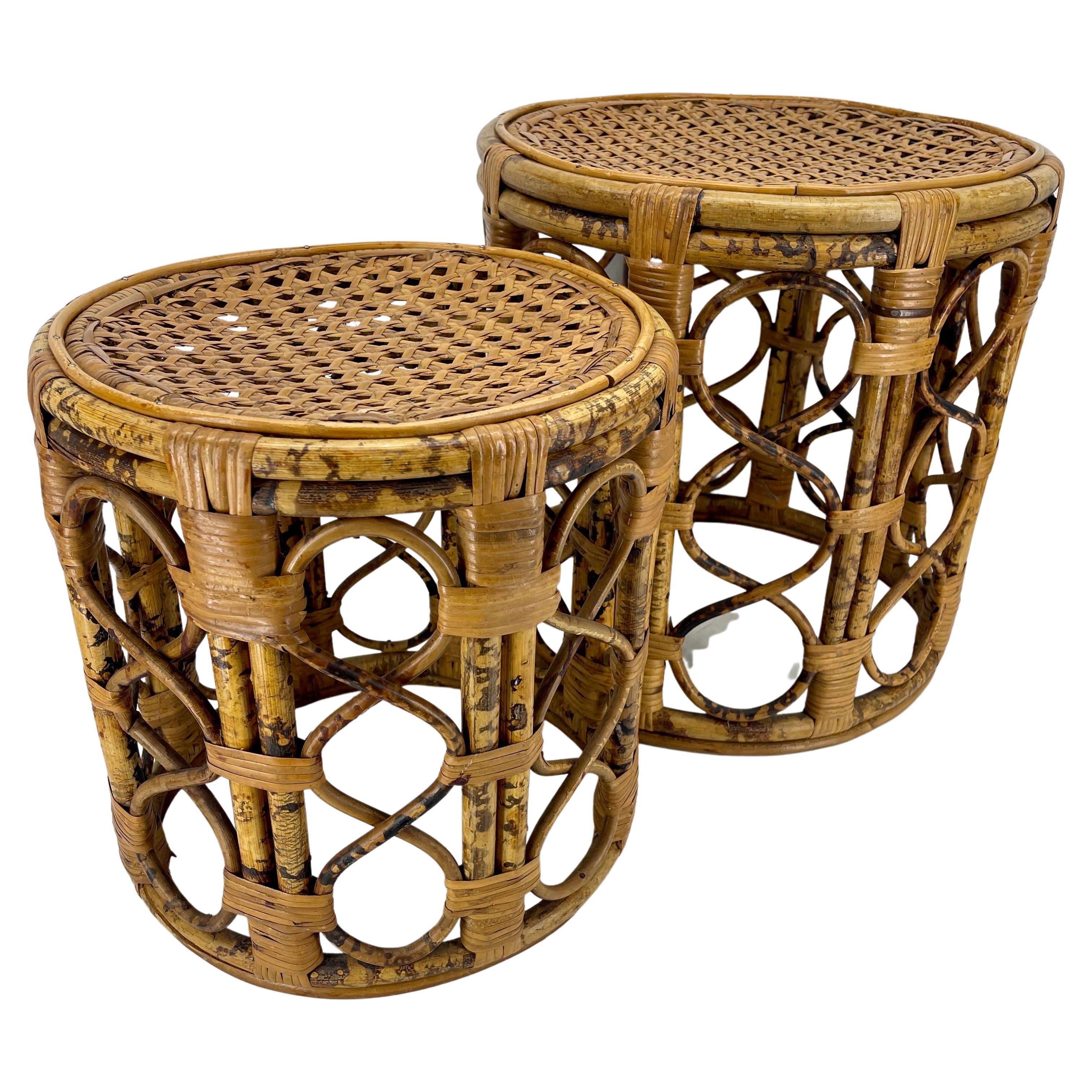 Midcentury Tortoise Bamboo Rattan Round Nesting Tables 1