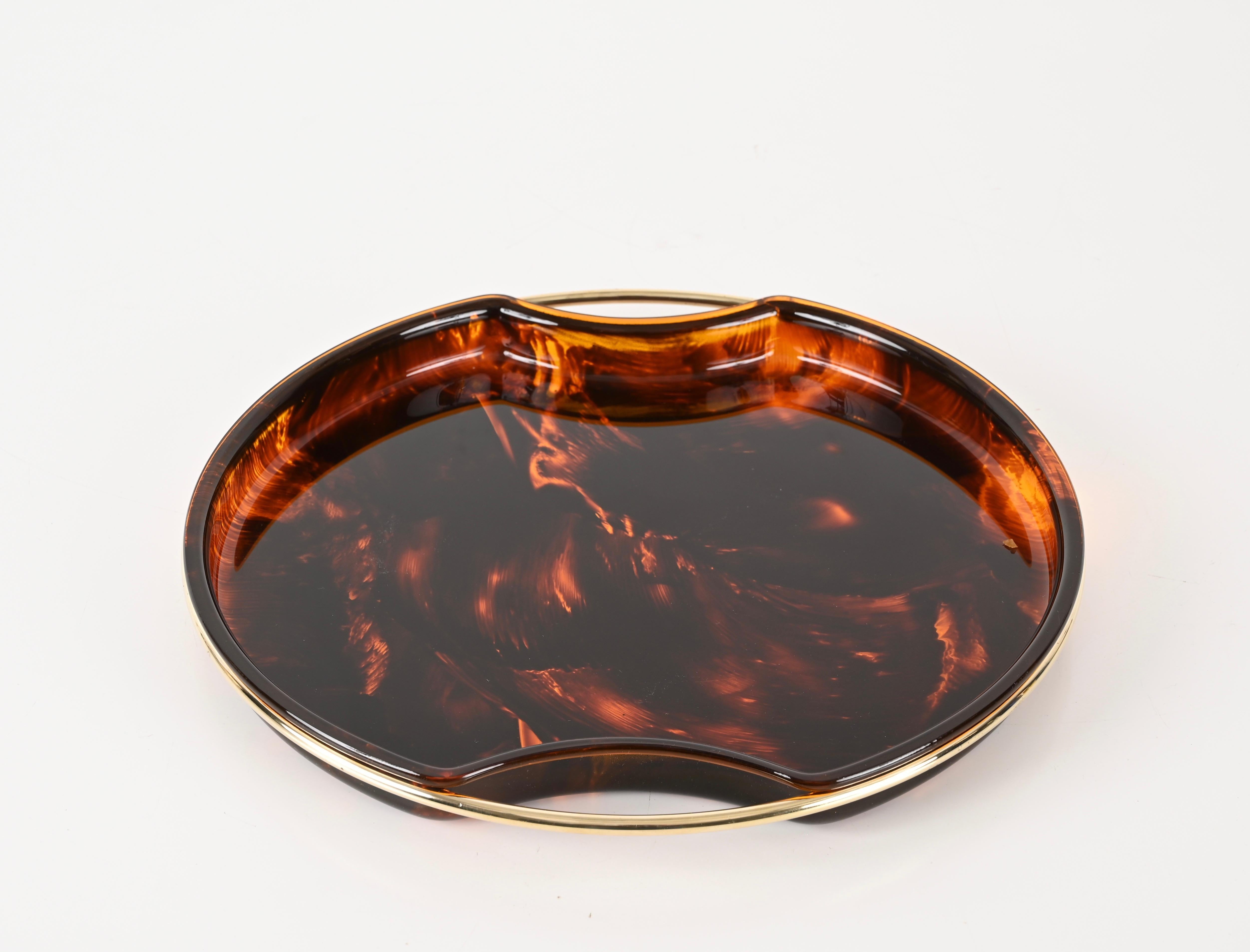 Mid-Century Tortoiseshell Lucite and Brass Serving Tray by Guzzini, Italy 1970s For Sale 3