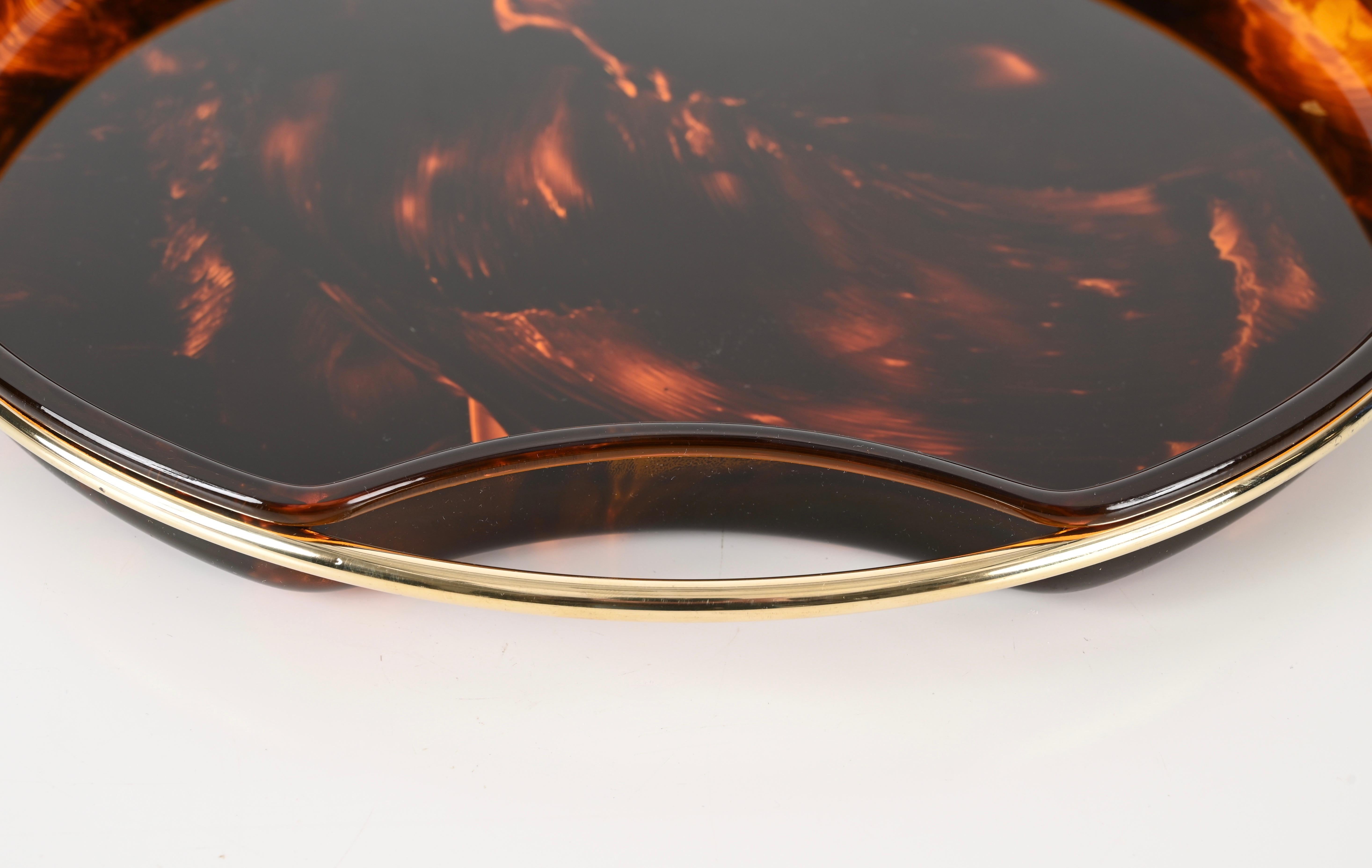 Mid-Century Tortoiseshell Lucite and Brass Serving Tray by Guzzini, Italy 1970s For Sale 5