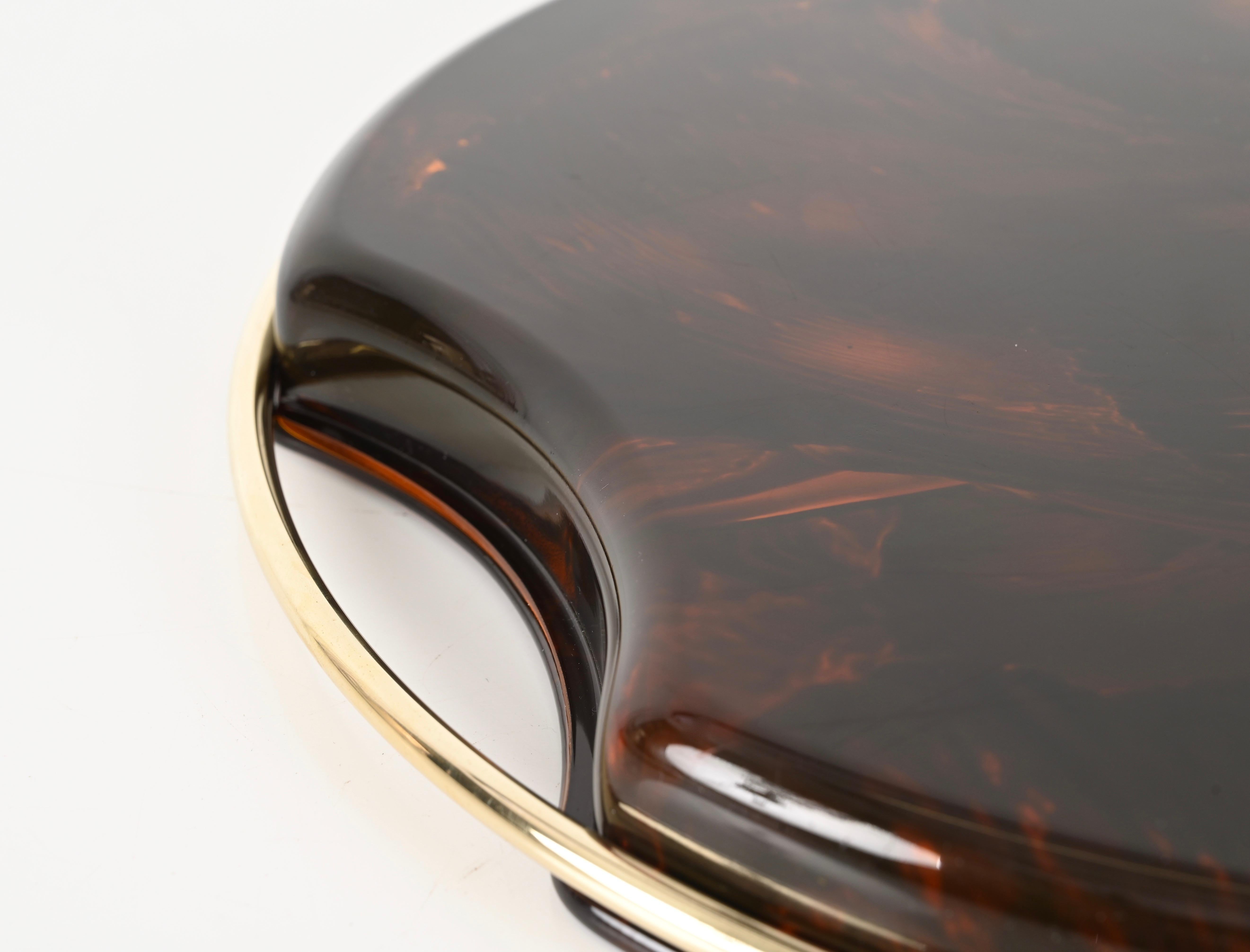 Metal Mid-Century Tortoiseshell Lucite and Brass Serving Tray by Guzzini, Italy 1970s For Sale