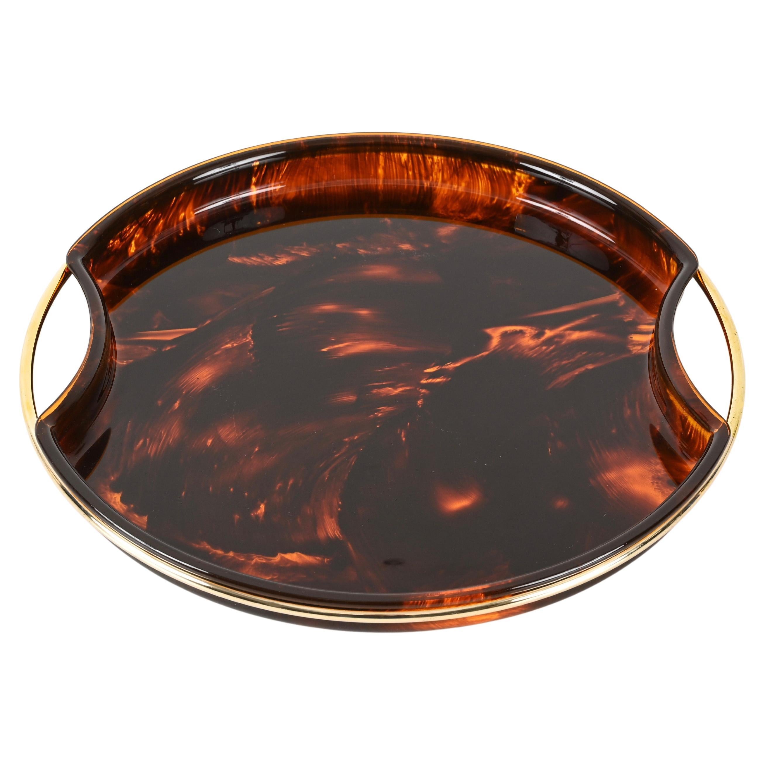 Mid-Century Tortoiseshell Lucite and Brass Serving Tray by Guzzini, Italy 1970s