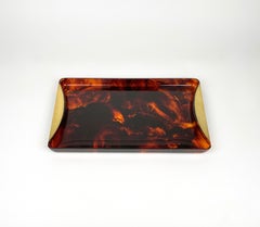 Mid-Century Tortoiseshell Lucite & Brass Serving Tray by Guzzini, Italy, 1970s