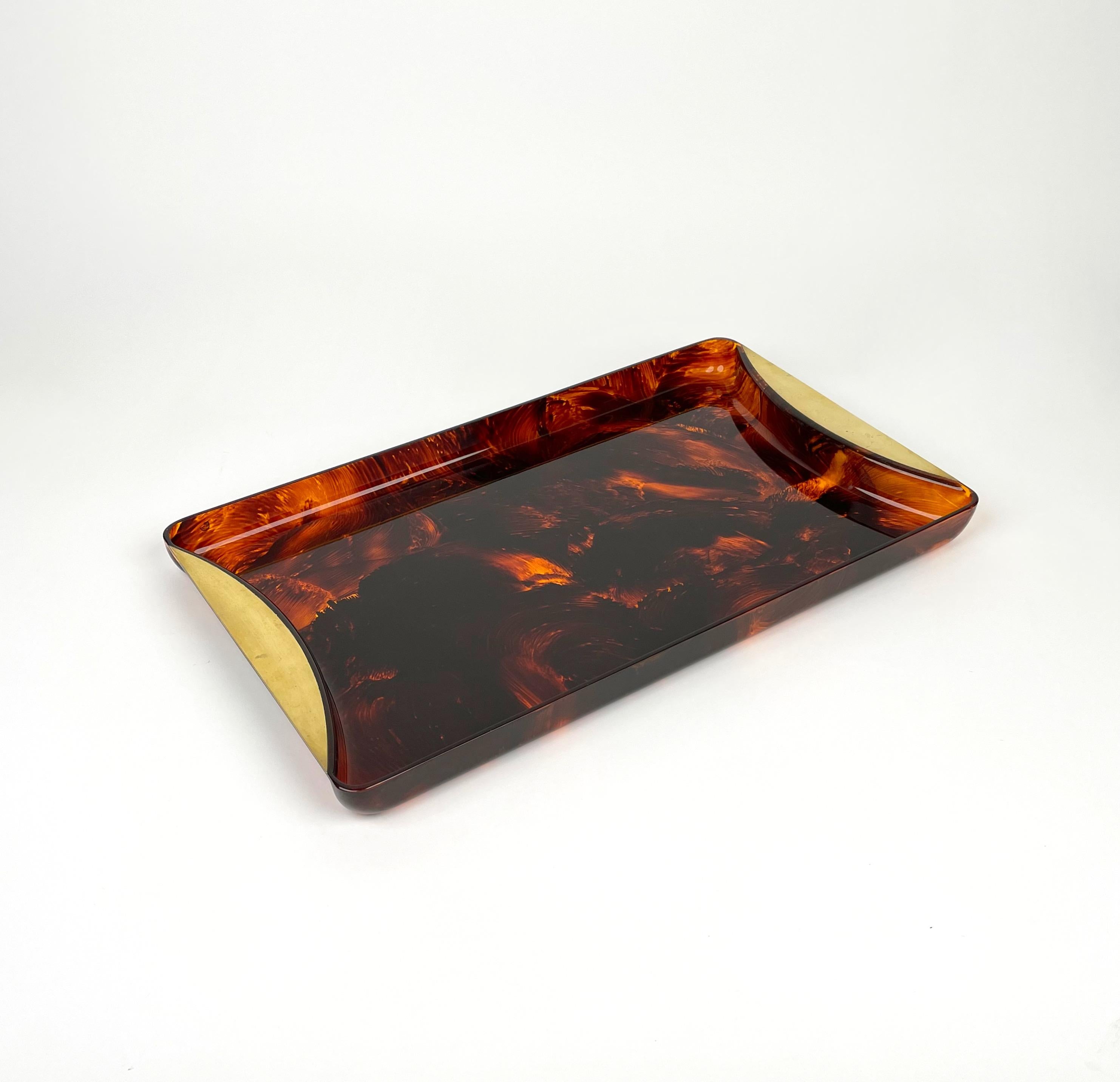 Mid-Century Modern Mid-Century Tortoiseshell Lucite & Brass Serving Tray by Guzzini, Italy, 1970s