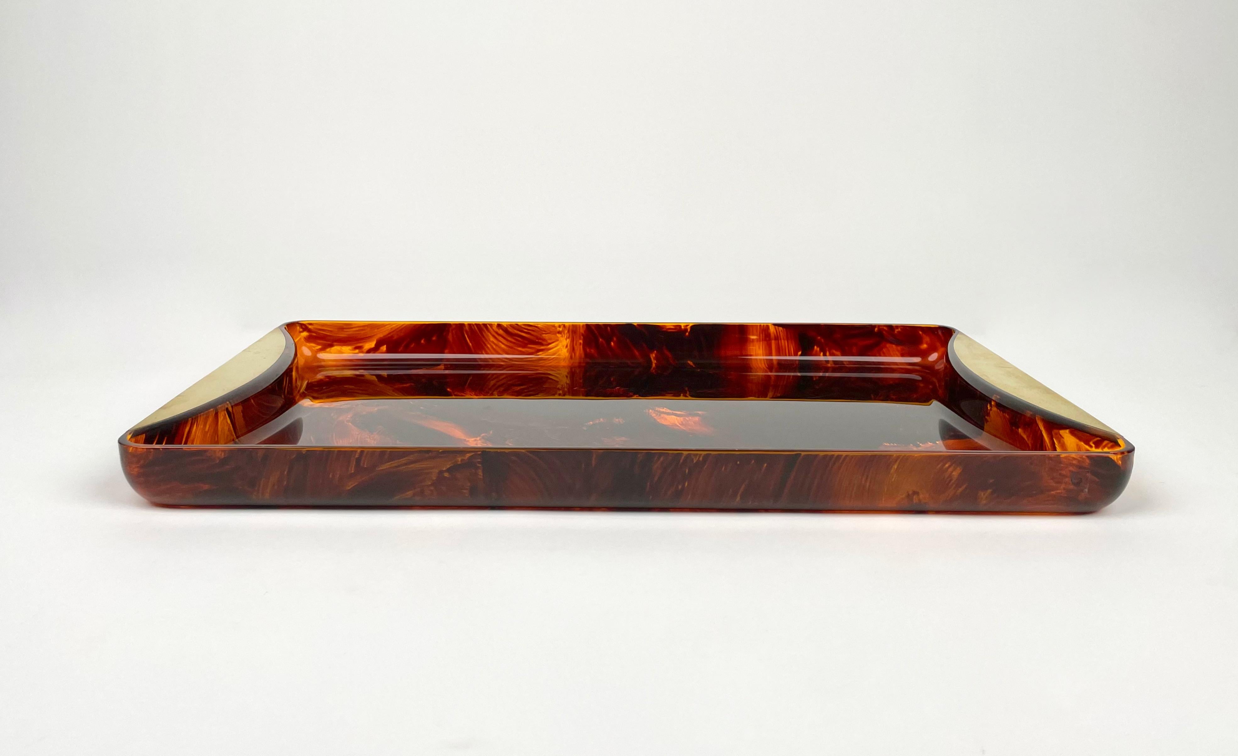 Late 20th Century Mid-Century Tortoiseshell Lucite & Brass Serving Tray by Guzzini, Italy, 1970s