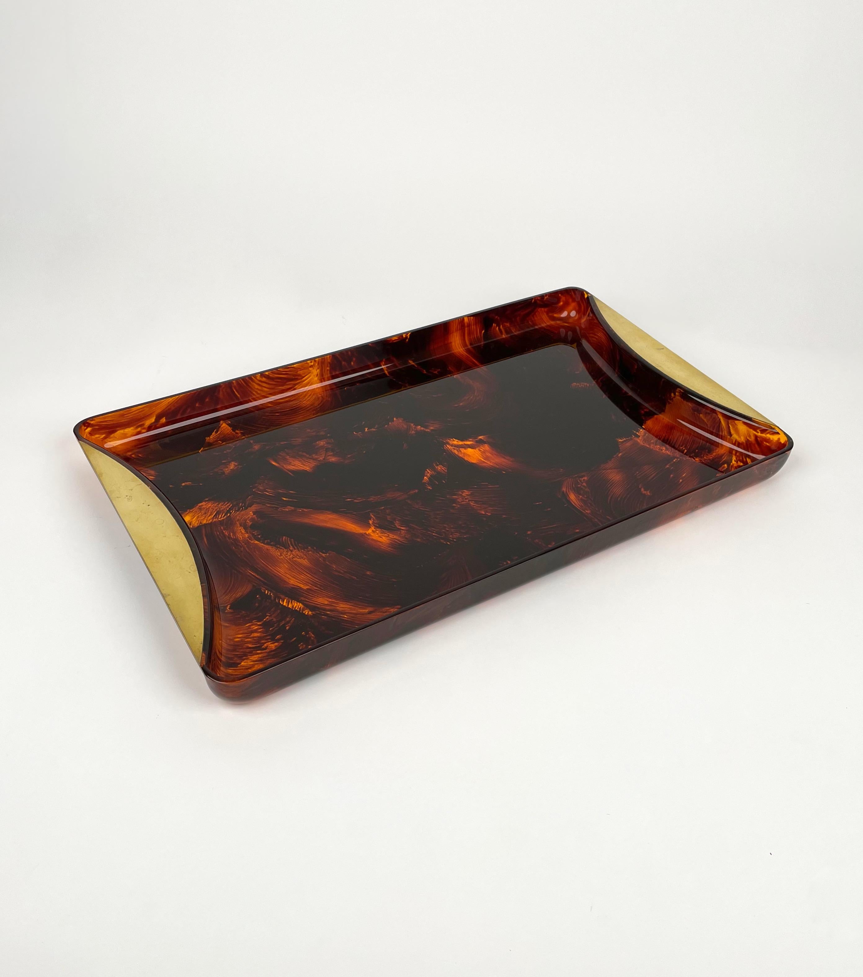 Metal Mid-Century Tortoiseshell Lucite & Brass Serving Tray by Guzzini, Italy, 1970s