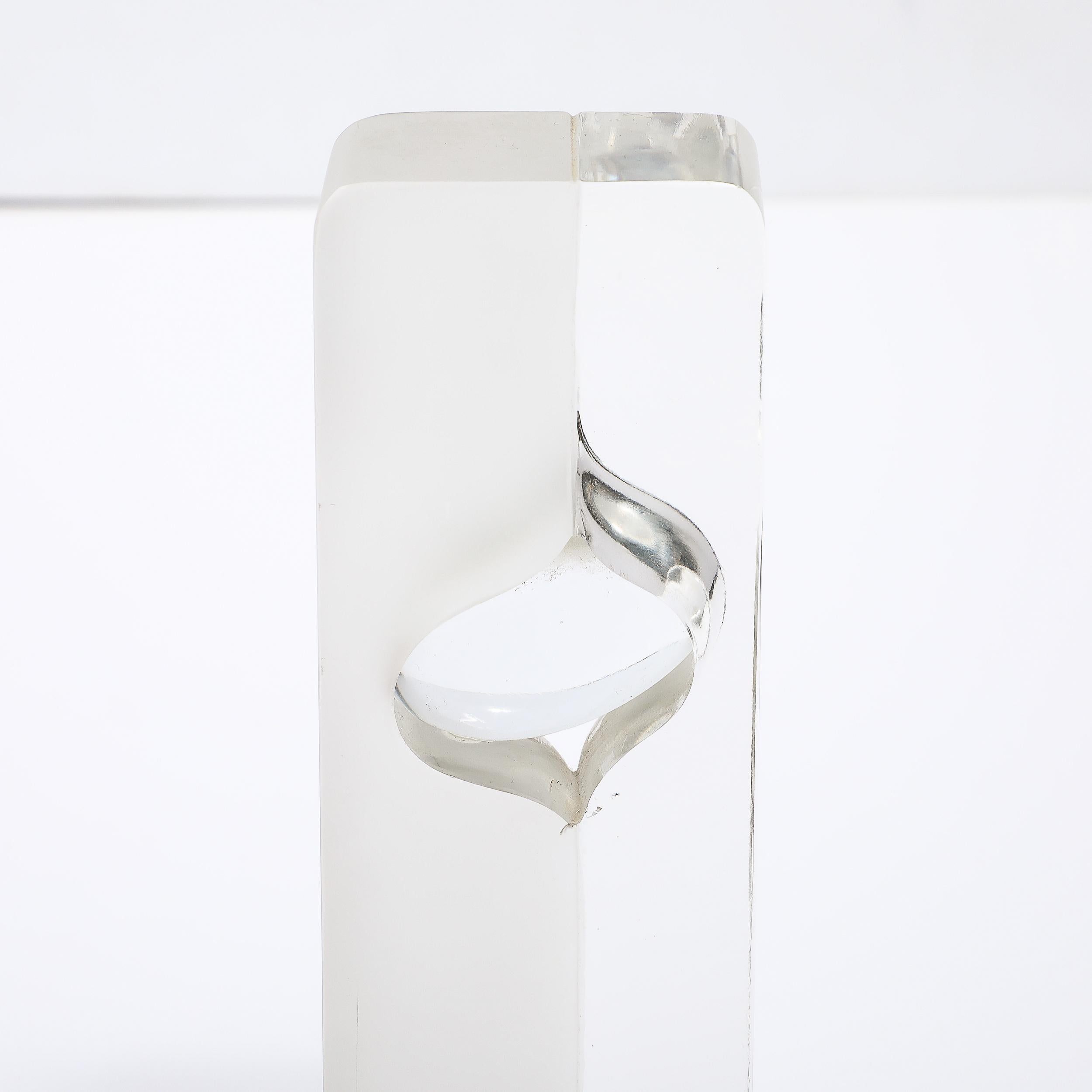 This serene and elegant Mid-Century Modernist Totem Form Sculpture in Frosted and Transparent Glass W/ Lacquered Base Signed Pierre Dinand originates from France, Circa 1970. Features a rectilinear vertical construction in two primary components of