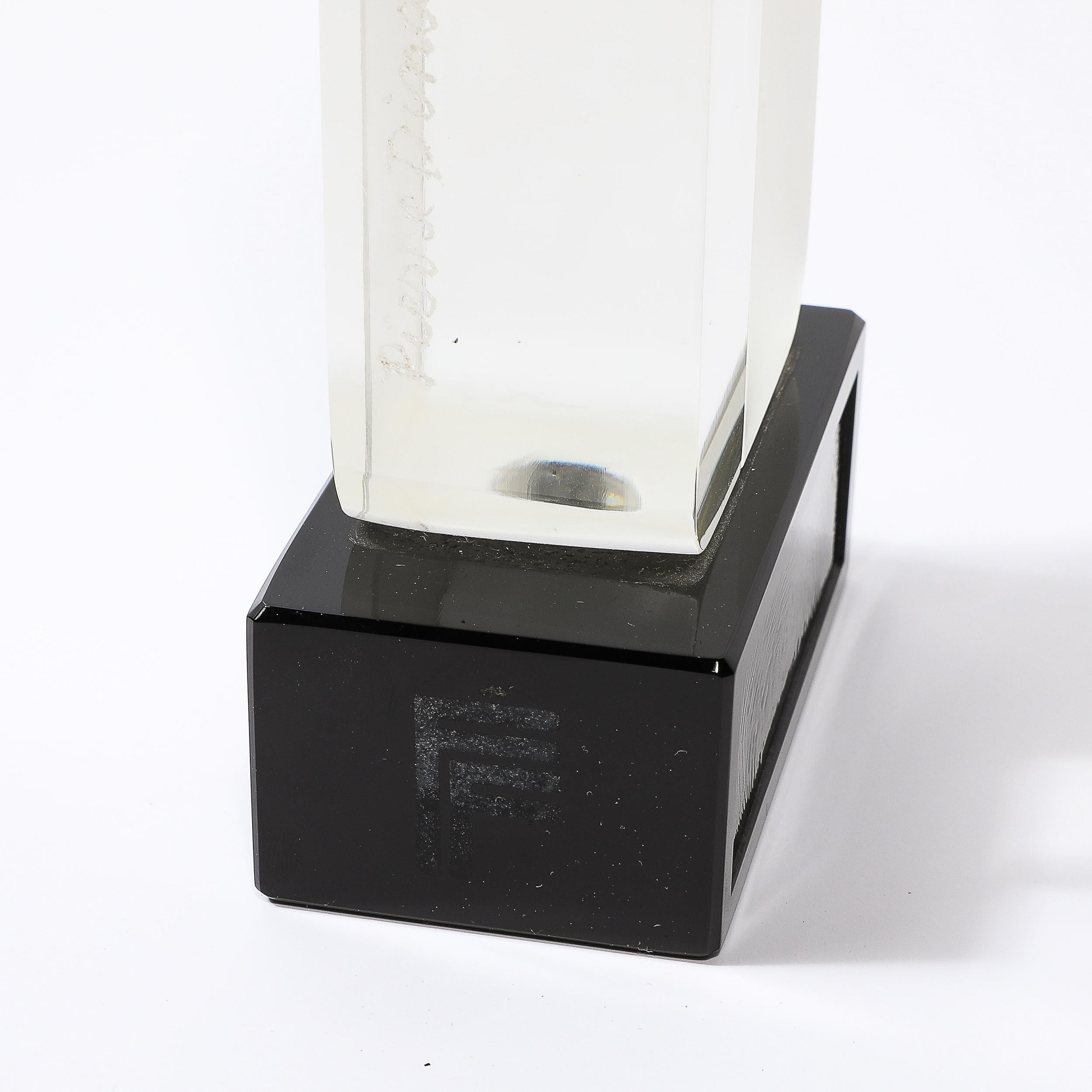 French Mid-Century Totem Form Sculpture in Glass W/ Lacquered Base Signed Pierre Dinand For Sale