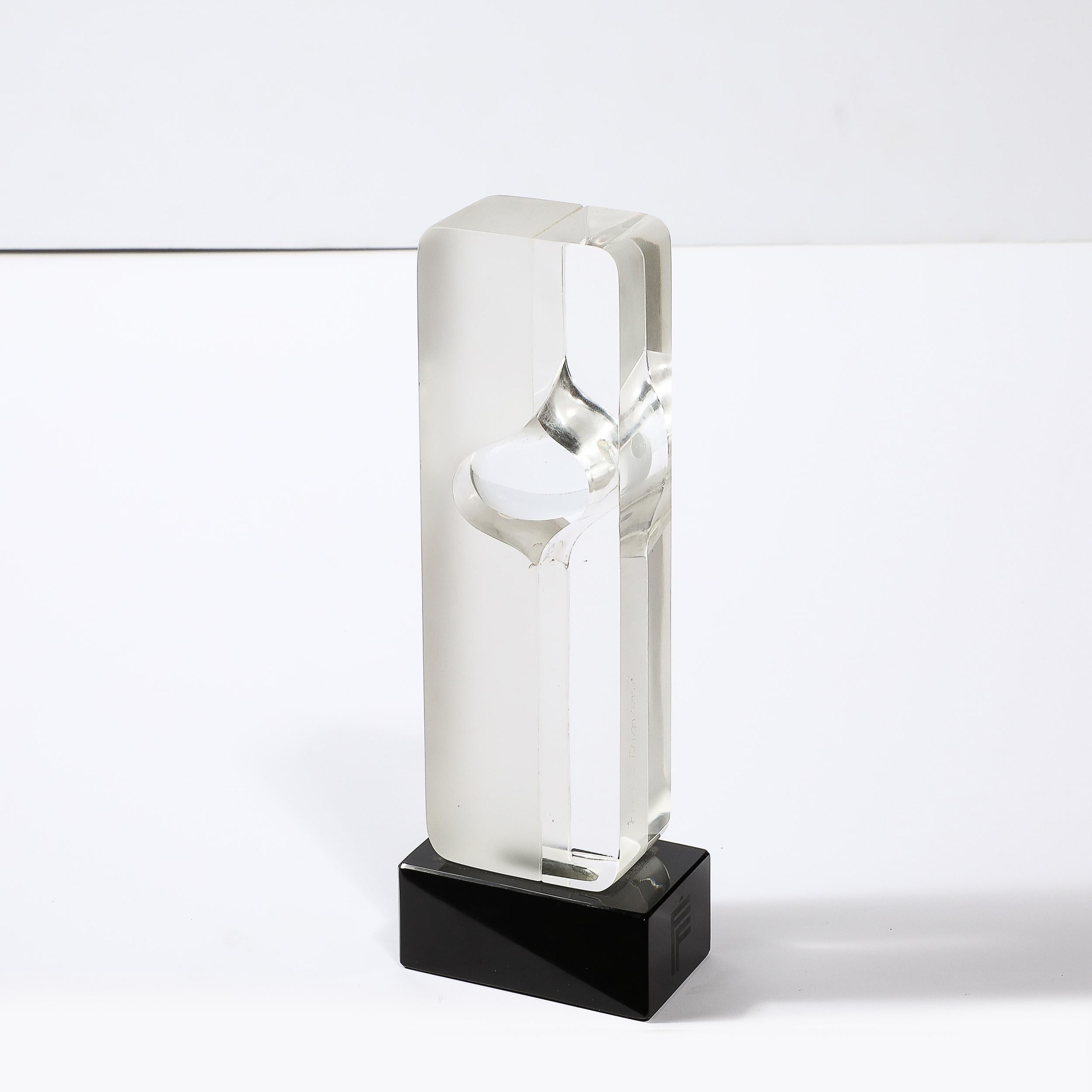 Mid-Century Totem Form Sculpture in Glass W/ Lacquered Base Signed Pierre Dinand In Excellent Condition For Sale In New York, NY