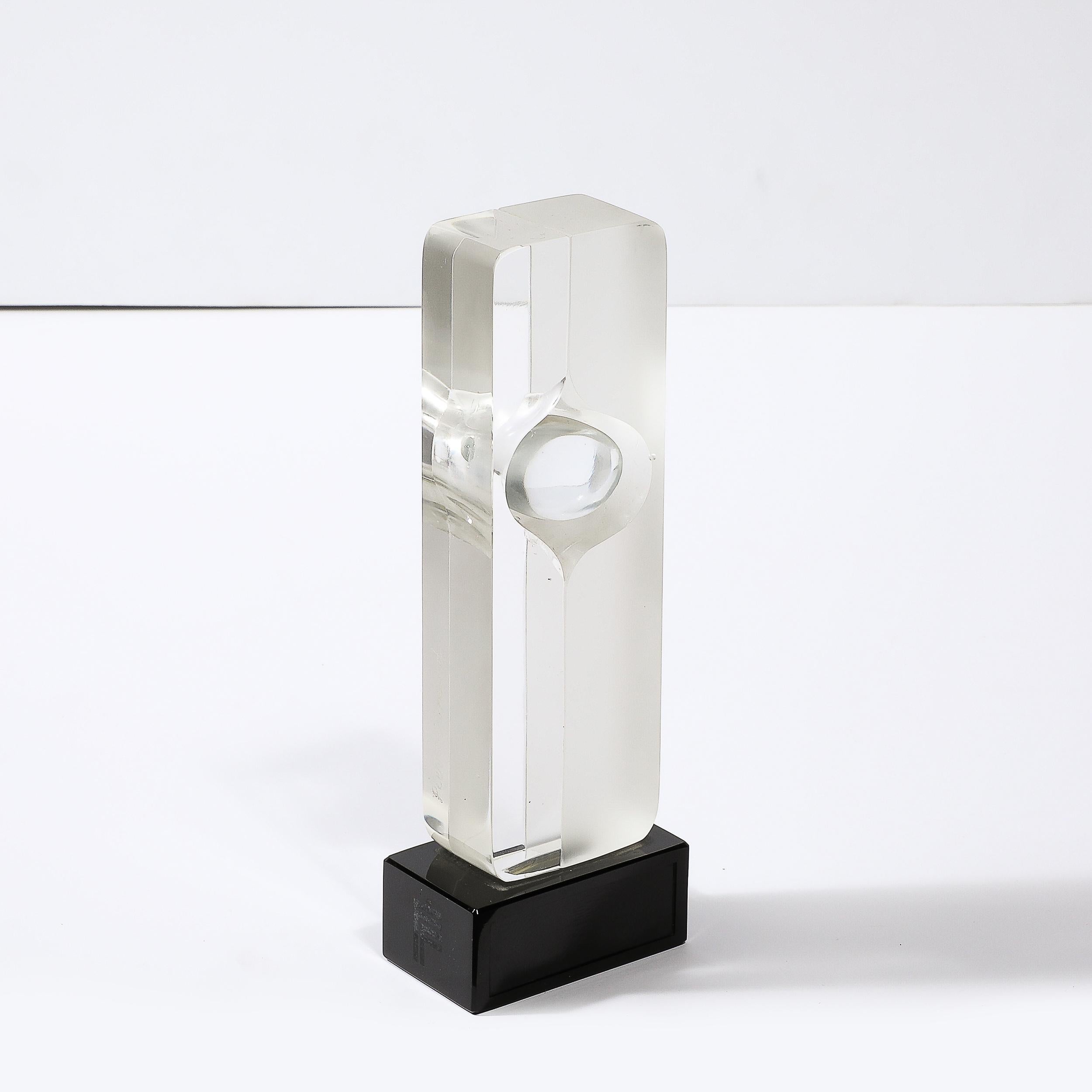 Mid-Century Totem Form Sculpture in Glass W/ Lacquered Base Signed Pierre Dinand For Sale 1