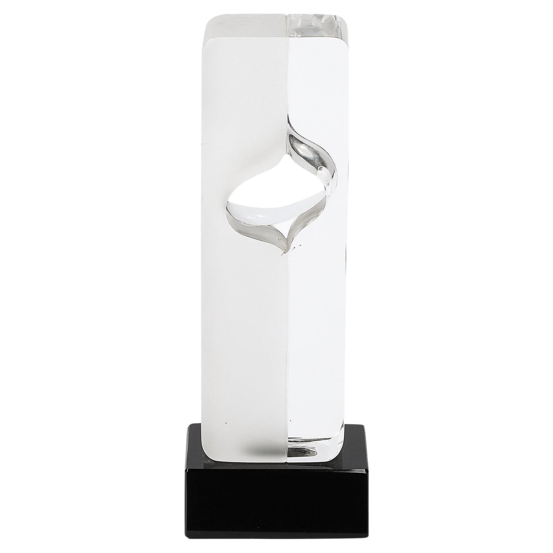 Mid-Century Totem Form Sculpture in Glass W/ Lacquered Base Signed Pierre Dinand For Sale