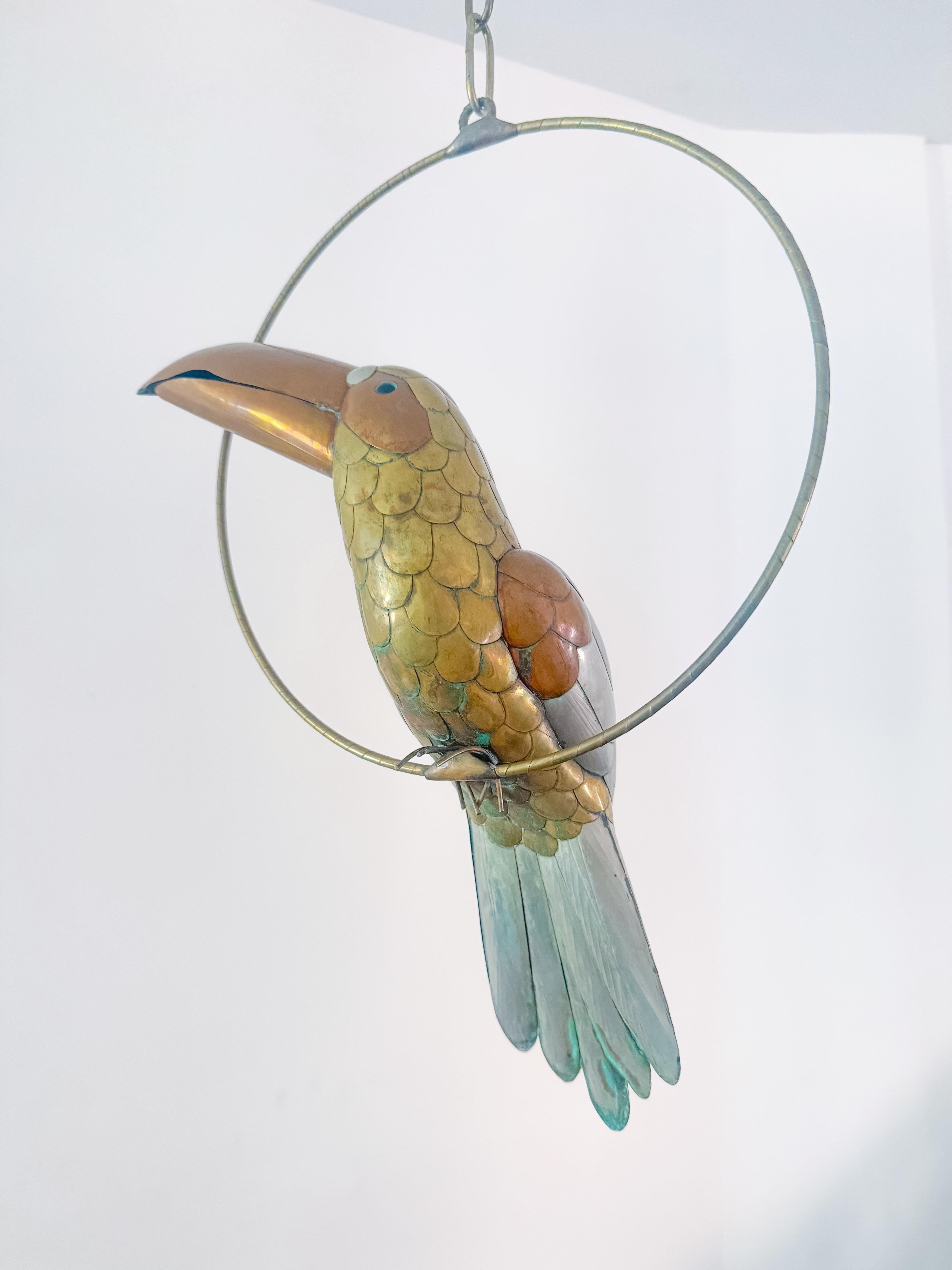Mexican Mid Century Toucan Sculpture in the Style of Sergio Bustamante Mixed Metals 1970 For Sale