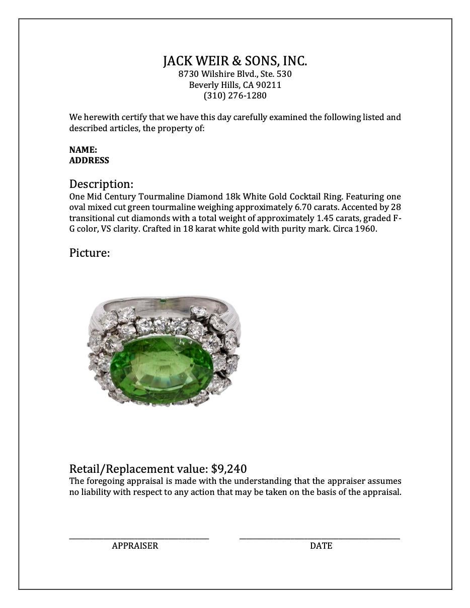 Mid Century Tourmaline Diamond 18k White Gold Cocktail Ring For Sale 1