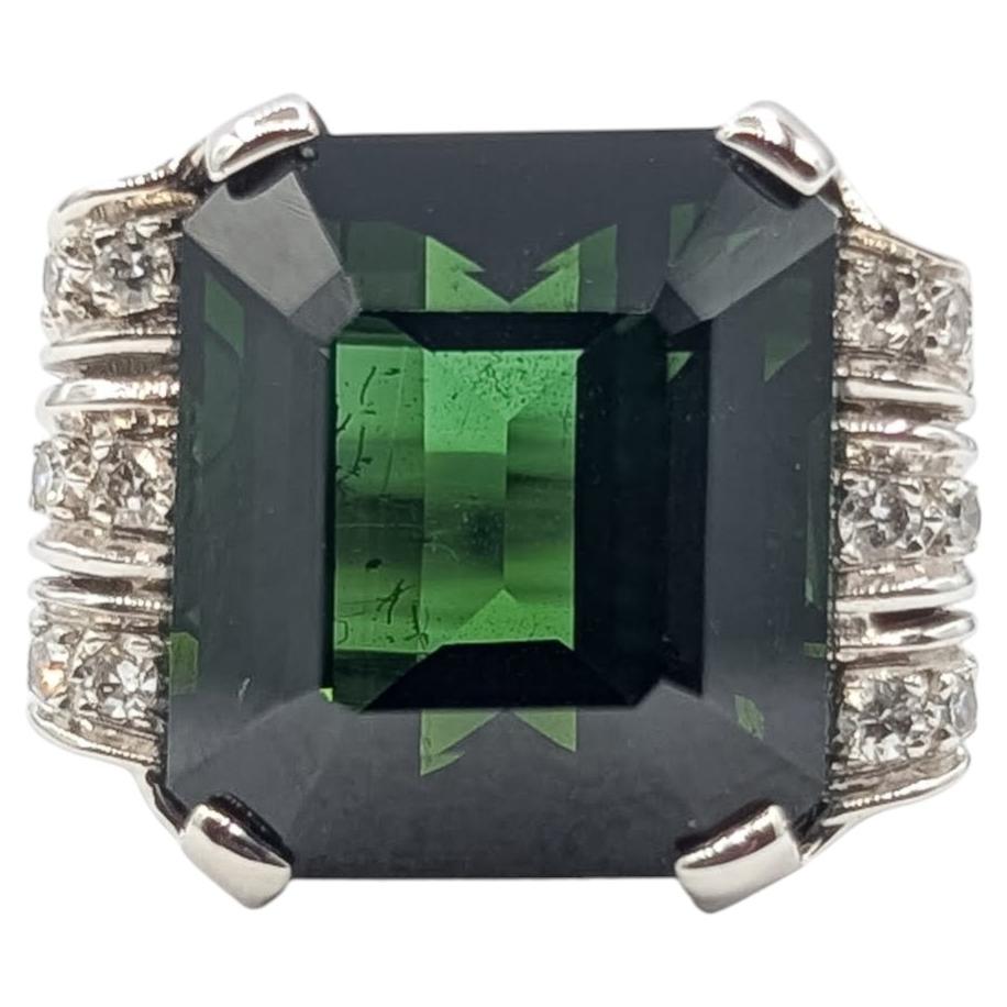 Mid-century Tourmaline & Diamond Cocktail Ring in 18k White Gold