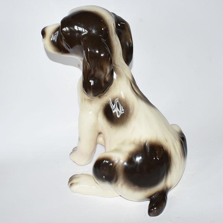 Mid-Century Modern Midcentury Traditional Ceramic Dog Figurine in Brown Pink and Cream
