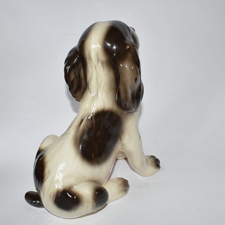 American Midcentury Traditional Ceramic Dog Figurine in Brown Pink and Cream