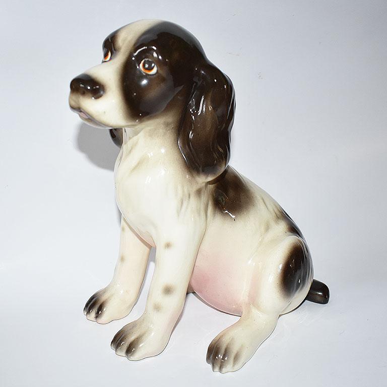 Glazed Midcentury Traditional Ceramic Dog Figurine in Brown Pink and Cream