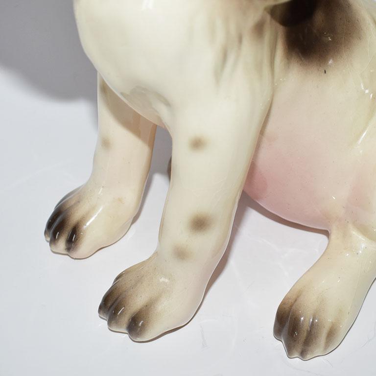 Midcentury Traditional Ceramic Dog Figurine in Brown Pink and Cream In Good Condition In Oklahoma City, OK