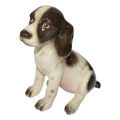 Midcentury Traditional Ceramic Dog Figurine in Brown Pink and Cream