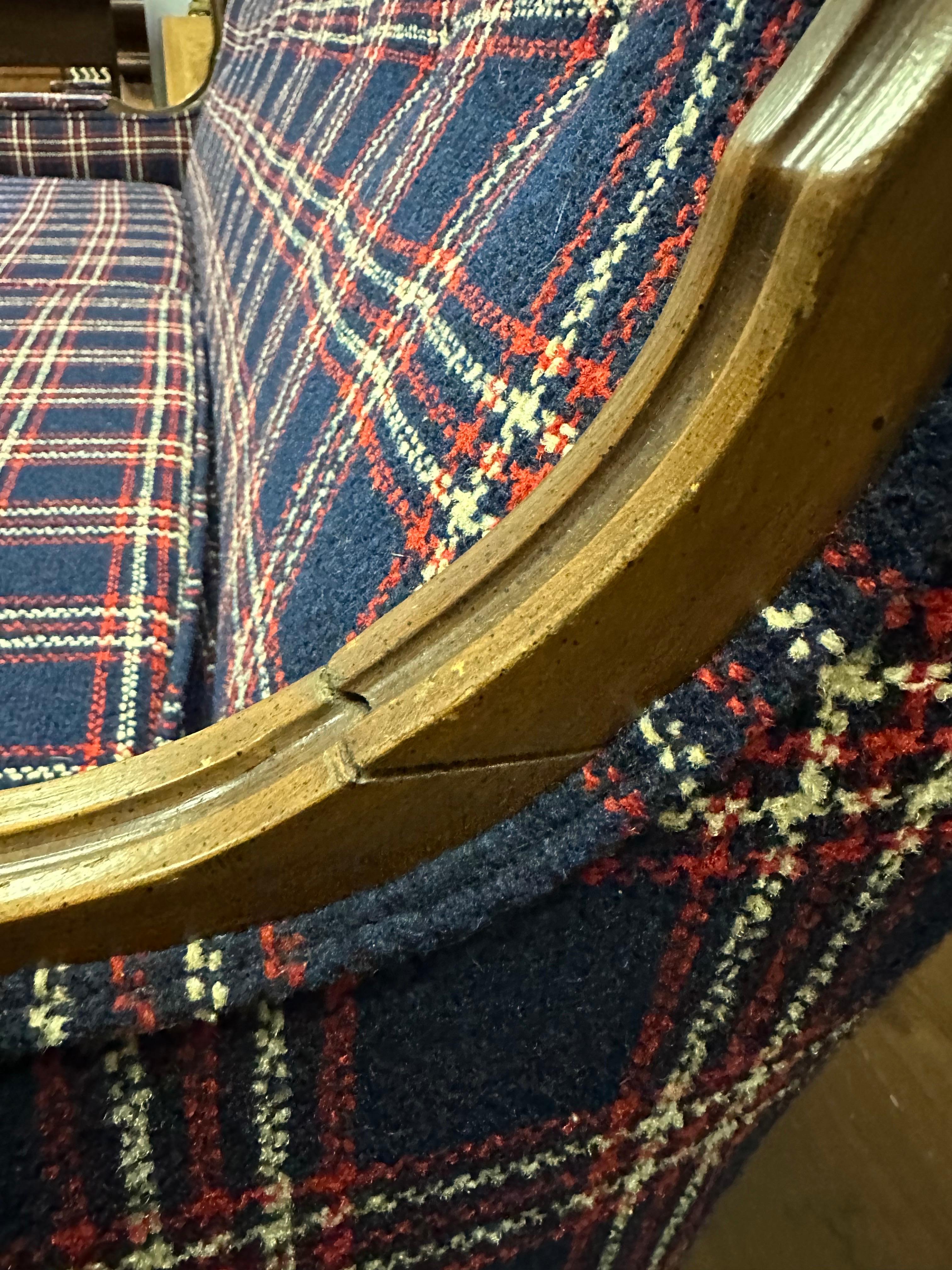 Mid Century Traditional Wood and Navy Windowpane Plaid Sofa 3